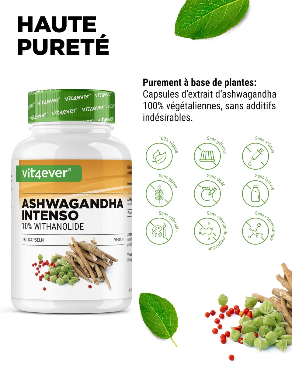 Extrait d’Ashwagandha – 180 Capsules contenant chacune 750 mg d’Extrait pur de Racine et 10% de Withanolides – Haute Pureté – Végan – Hautement Dosé – Qualité Premium