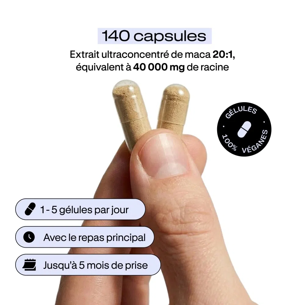 Maca Noire Andine Pure 40.000 mg | Poudre Ultra-concentré 20:1 | Extra Forte | Énergie, Vitalité, Performance, Équilibre | 5 Mois |140 Capsules | Vegan | Homme et Femme | Haute Puissance