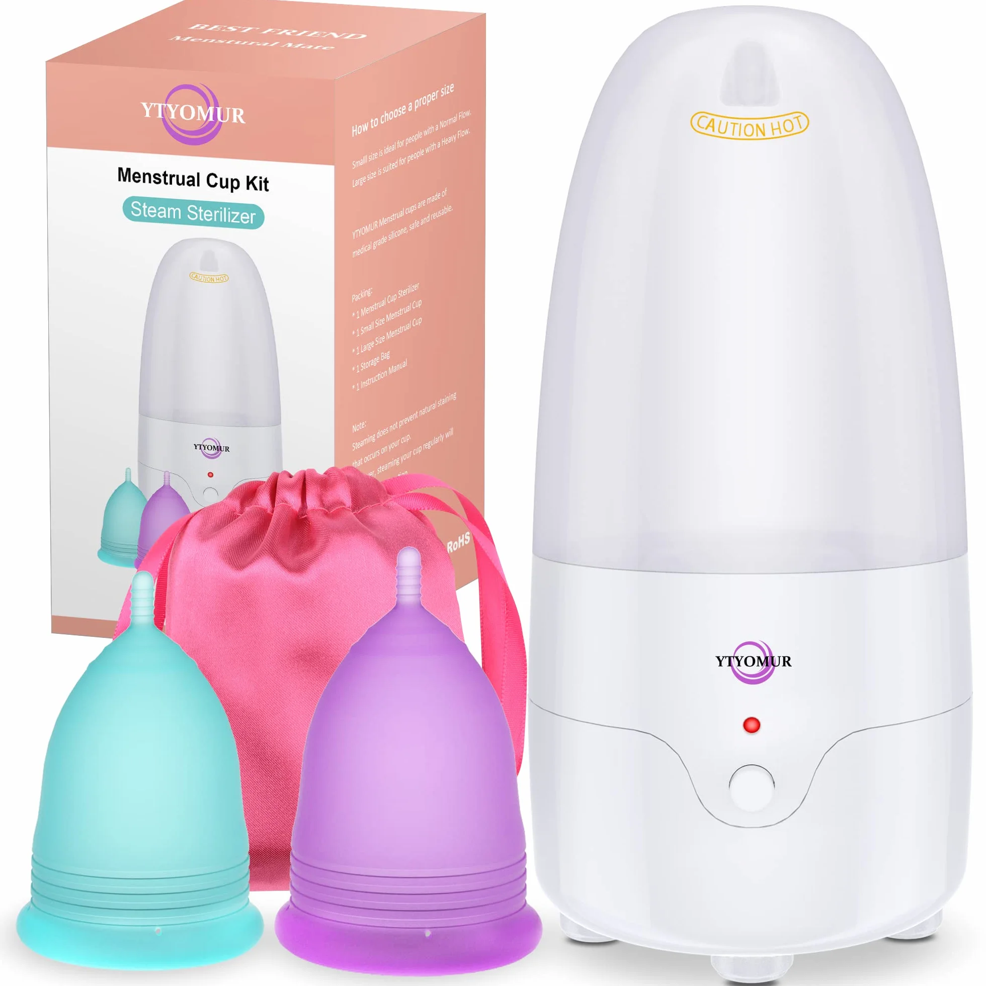 YTYOMUR Stérilisateur à Vapeur pour Coupe Menstruelle avec 2 Coupes Menstruelles Réutilisables, Kit de Lavage Nettoyant pour Coupes Menstruelles