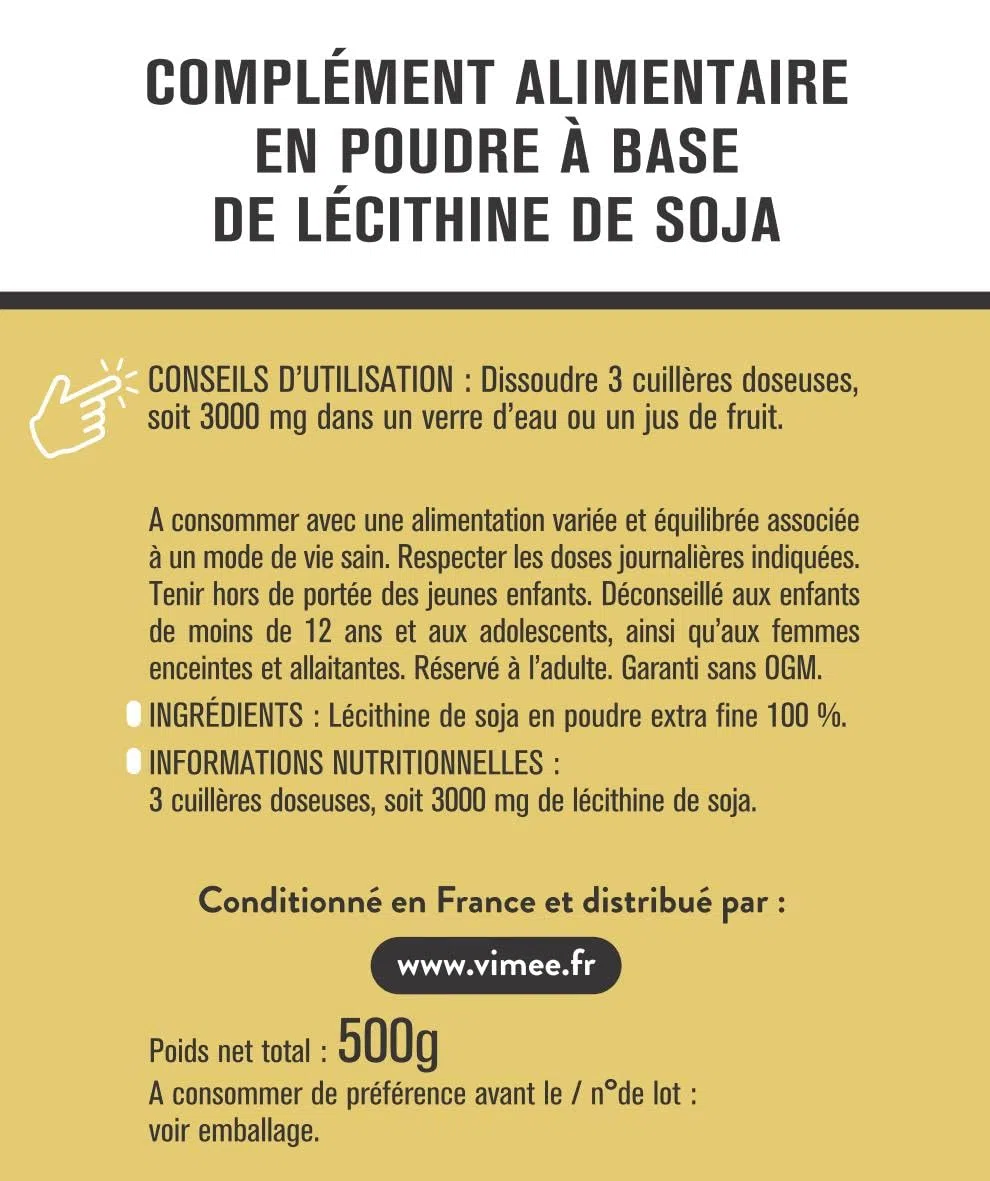 Lécithine de Soja en Poudre Vimee - Complément et Additif Alimentaire à Base de Phospholipides de Soja - Foie, Cerveau - 500 G - 500 Jours