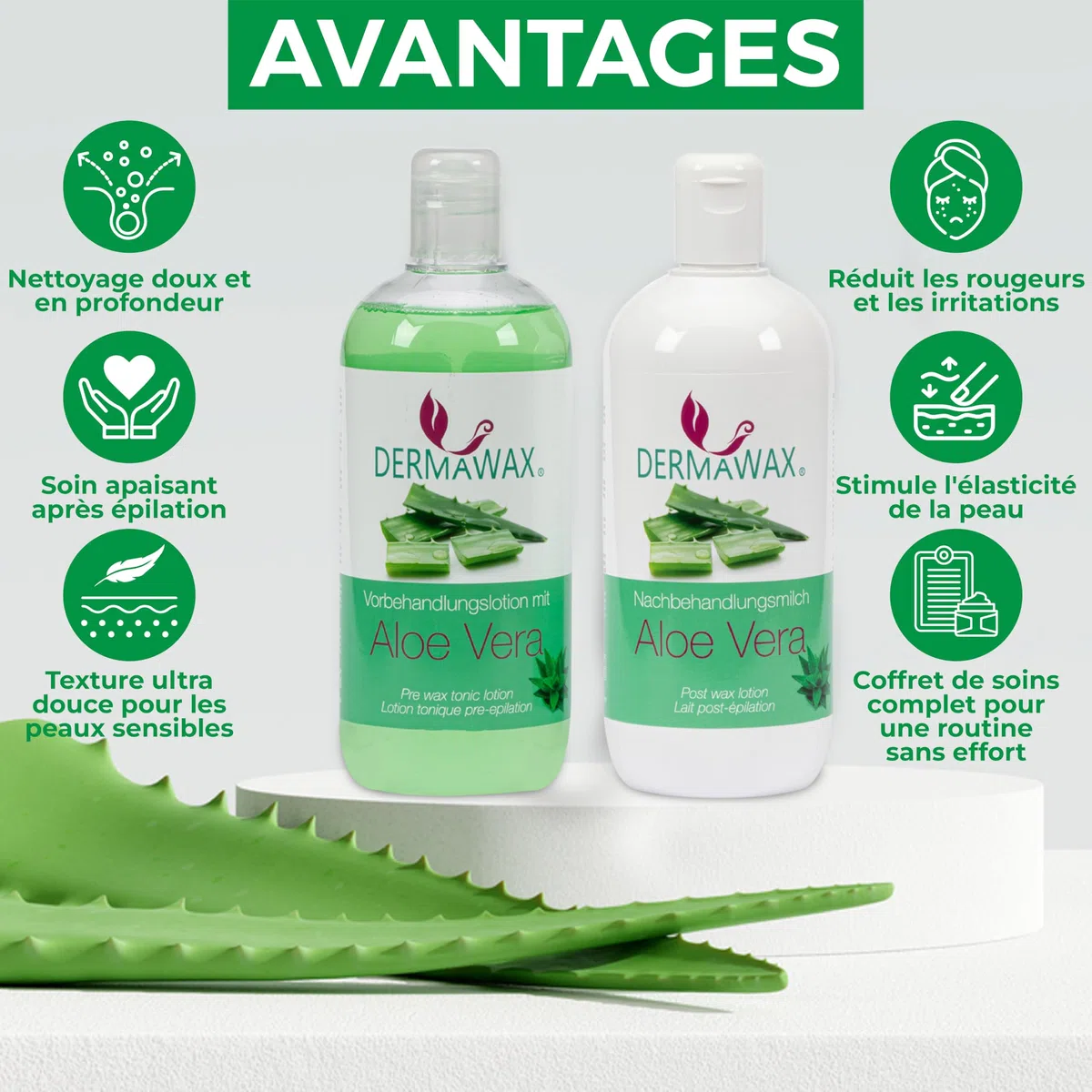 Dermawax Kit Pré & Post Épilation 2x500 ml – Lotion Tonique Aloe Vera Avant Cire Chaude, Perles de Cire ou Sugaring + Lait Après-Épilation Aloe Vera – Soin Homme & Femme – Made in Italy
