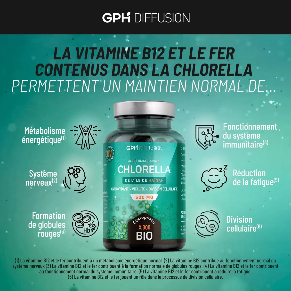 Chlorella BIO | 6000 mg/jour | Antioxydant, Vitalité | Sans Additif | 500 Comprimés | GPH Diffusion