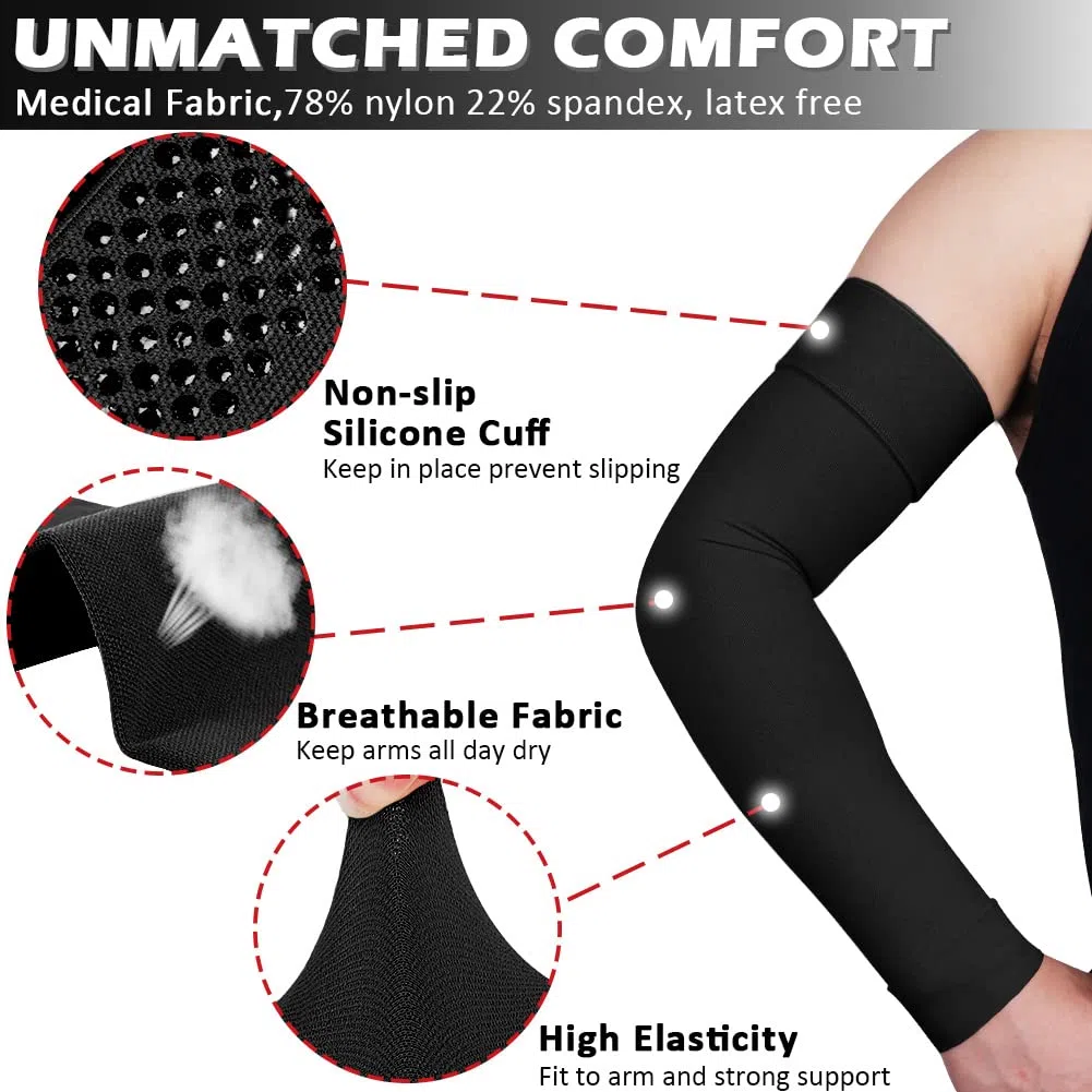 Ailaka Manchon de bras comprimé médical pour hommes et femmes, 20-30 mmHg de ruban silicone de support de bras entier, support de bras comprimé gradué pour soulager la douleur, le gonflement