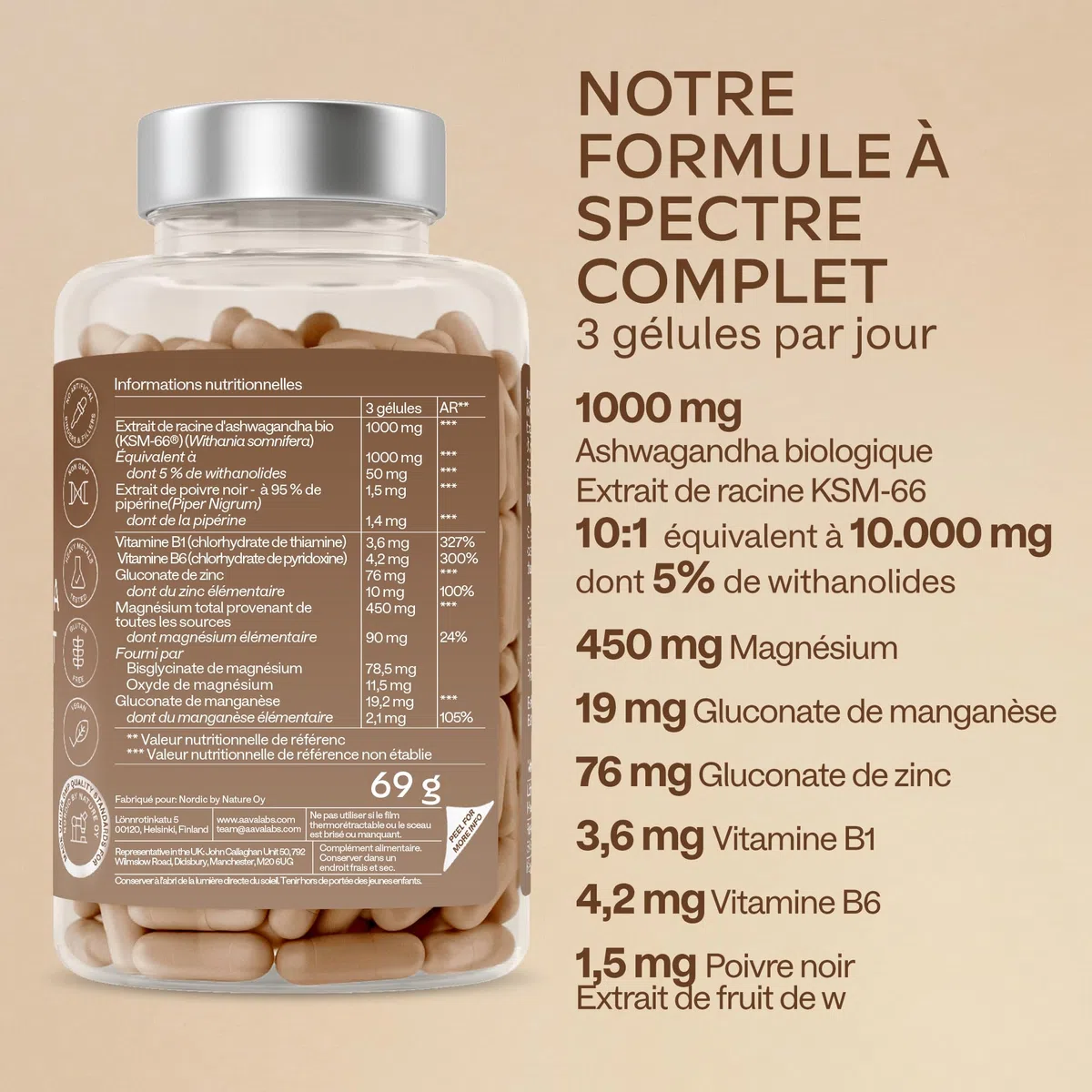 Ashwagandha KSM-66 Bio 10000mg, Vitamine B6, B1, Zinc, Magnesium, Manganese - Extrait de Racine Ashwagandha Bio 10:1, Poivre Noir - Ashwaganda (Ginseng indien) Extra Fort 5% Withanolides - 120 Gélules