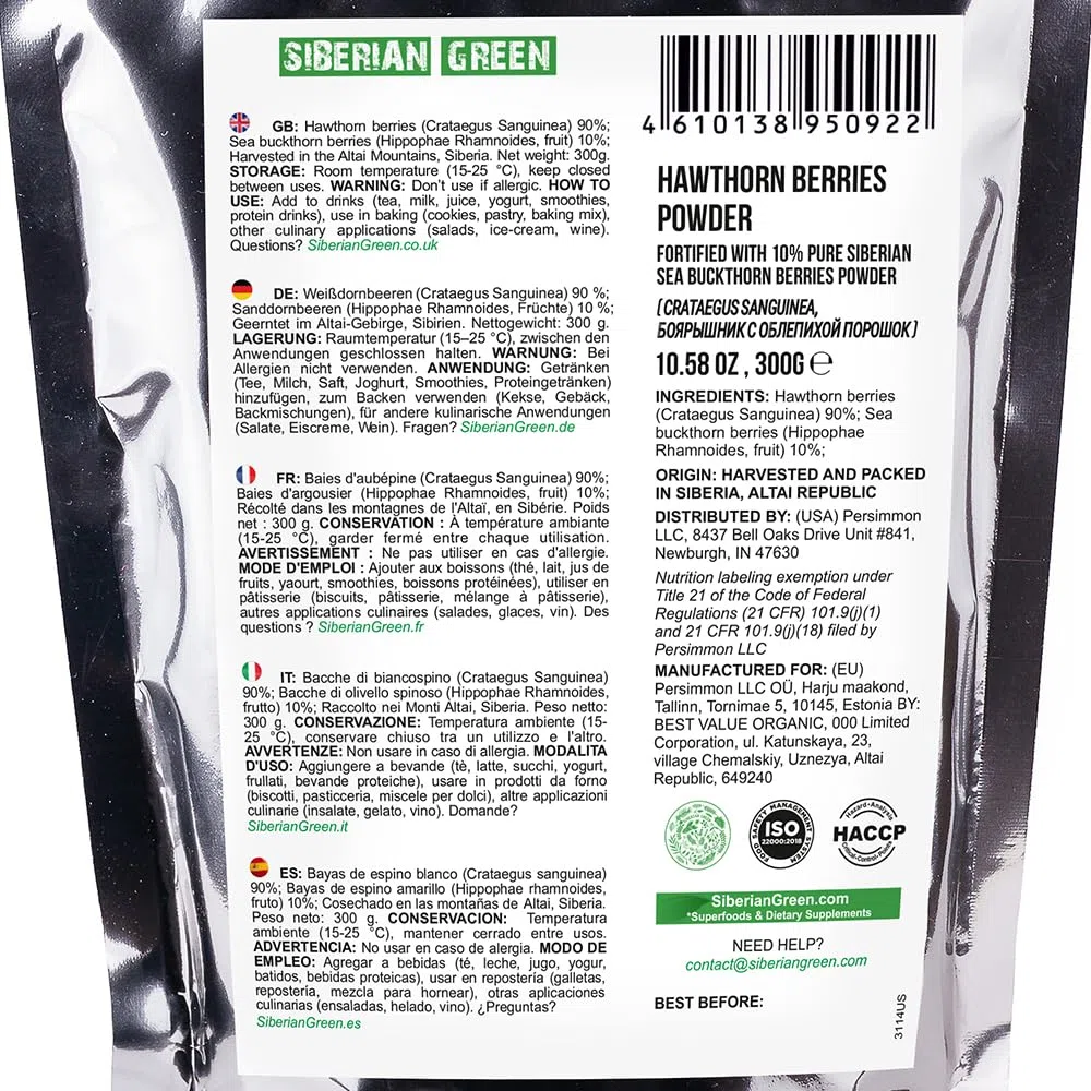 Farine d'aubépine de Sibérie 300g Séché avec des baies d'argousier Poudre fine Thé Crataegus Sanguinea hippophae rhamnoides Sibérie Montagnes de l'Altaï Taïga