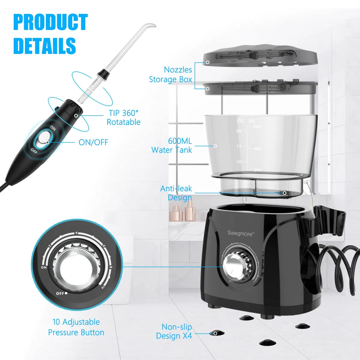 Sawgmore Jet Dentaire Hydropulseur, Hydropulseur Dentaire Professionnel avec 8 Busettes Multifonctionnelles, 10 réglages de pression d'eau, 600ML Irrigateur Dentaire Pour Les soins Familiaux Noir