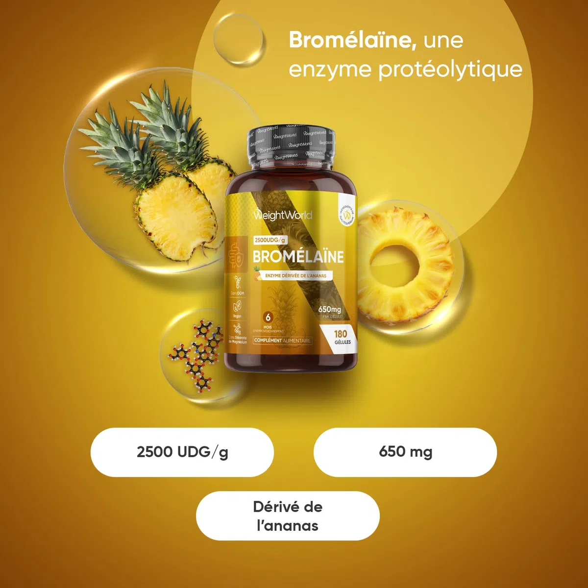 Bromelaine Gélules 650 mg (2500 UDG/g), 180 Gélules, 6 Mois d'Apport, avec Enzymes Digestives Dérivée de la Tige d'Ananas, Source de Manganèse, Cuivre, Vitamine C - Vegan & sans Stéarate de Magnésium
