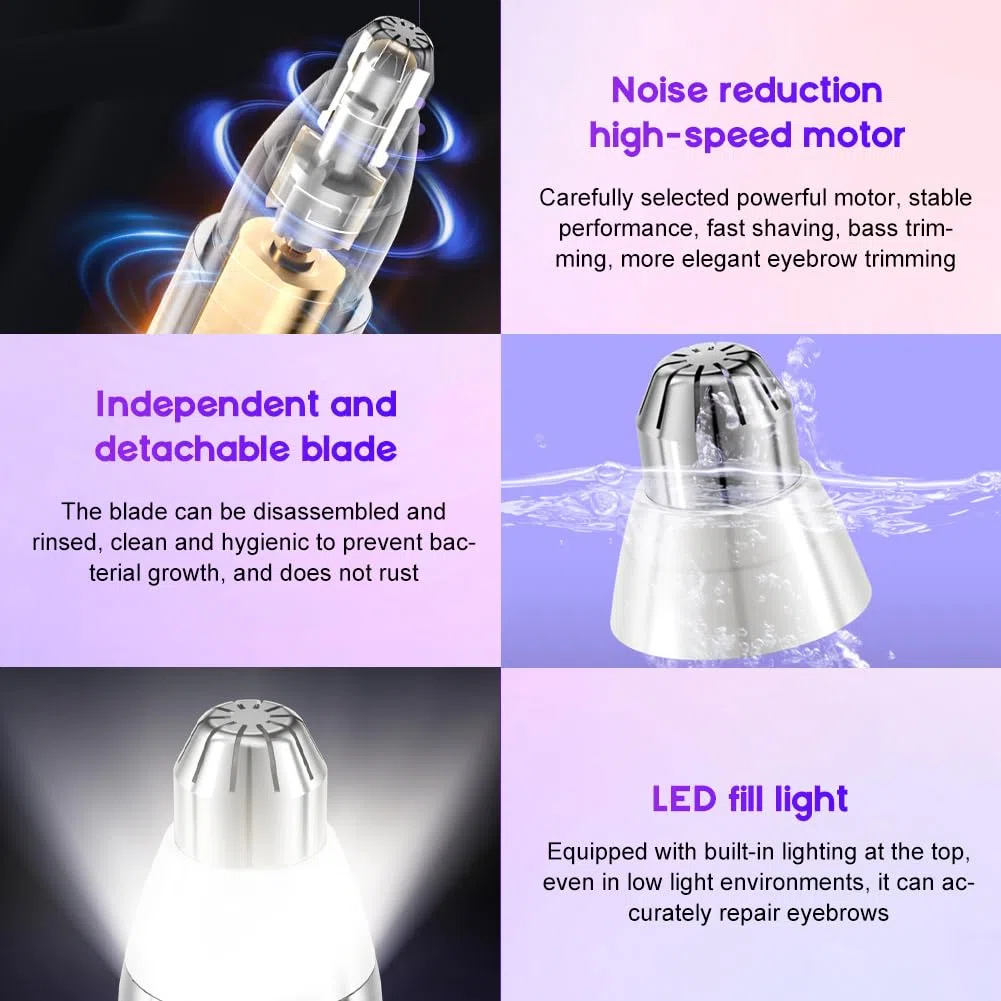 LOMUG Tondeuse à Sourcils, Rasoir à Sourcils Électrique, Épilateur Facial 2 en 1 pour Femme, Épilateur Femme avec Lumière LED pour Pêche Fuzz Lèvres Visage Barbe Nez Poils
