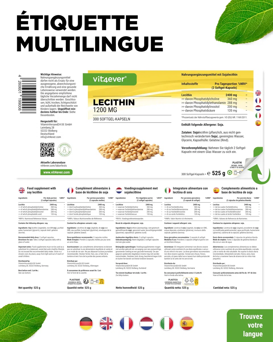 Lécithine 1200 mg - 300 Softgels - Premium : avec Phosphatides - Lécithine de Soja sans OGM - Haute Dose - Qualité Premium