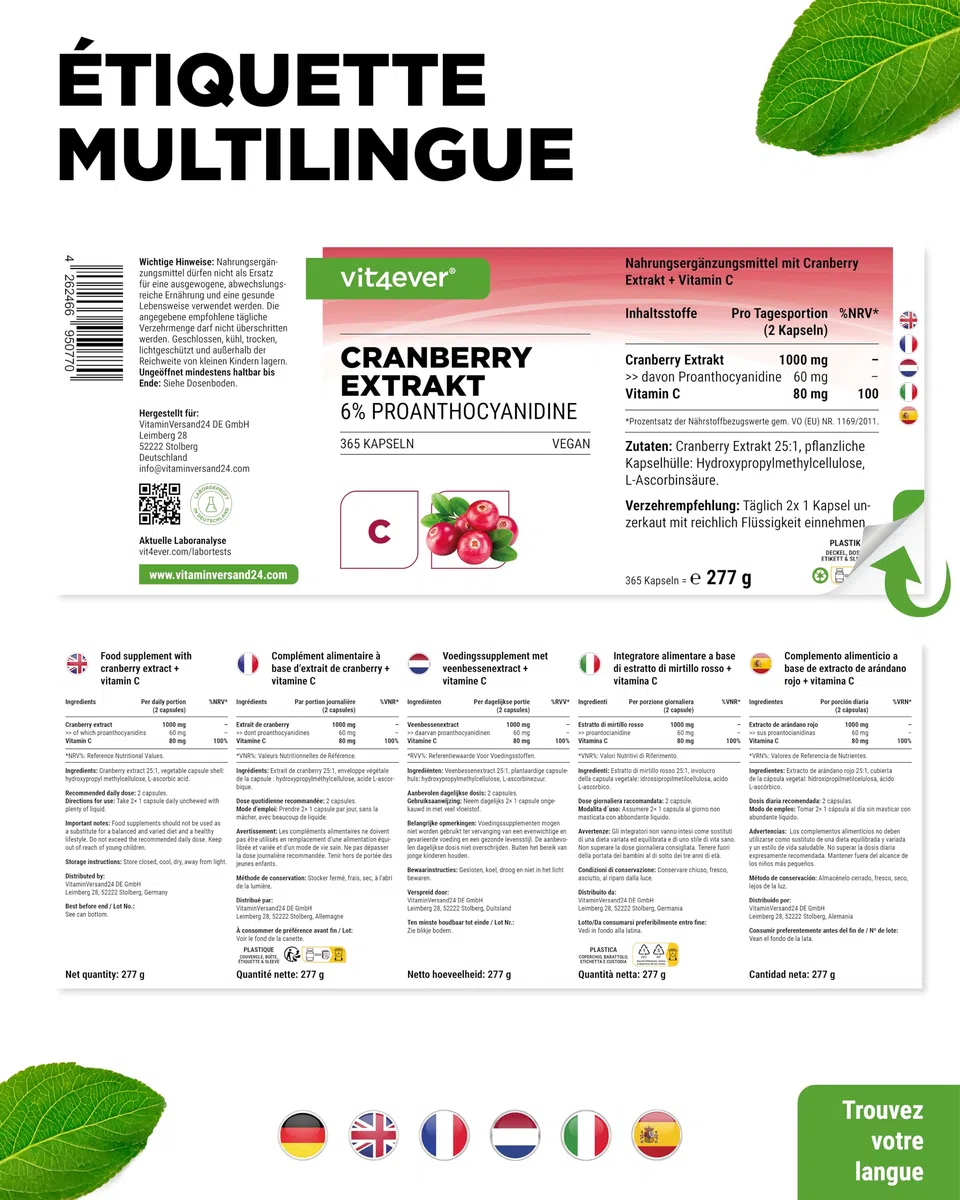 Extrait de canneberge + Vitamine C – 365 gélules de canneberge – Extrait 25:1, équivalent à 25.000 mg – 6% proanthocyanidines – Hautement dosé, sans additifs indésirables, végan