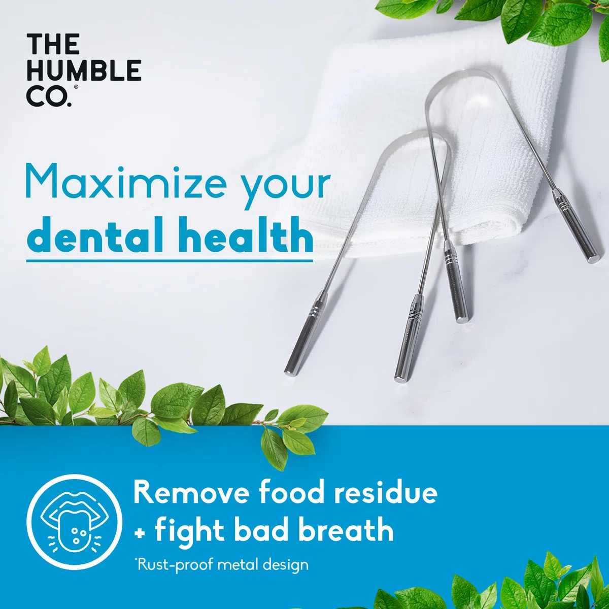 The Humble Co. Gratte-langue – 100 % acier inoxydable, pour un soin bucco-dentaire, un nettoyage de langue supérieur, aide à éliminer la mauvaise haleine, sans BPA (lot de 2)