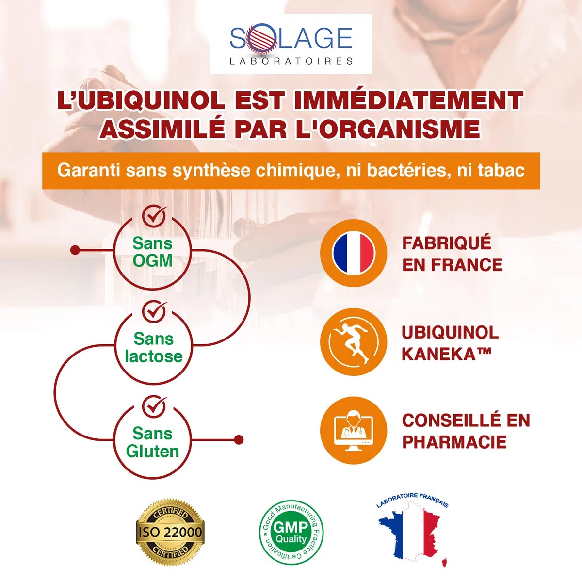 SOLQUINOL. COENZYME Q10 UBIQUINOL KANEKA Pure et Stable, La seule forme étudiée et démontrée - Antioxydant Radicaux Libres, Anti-âge, Anti-fatigue. 30 capsules de 100mg d’ubiquinol. Laboratoire SOLAGE