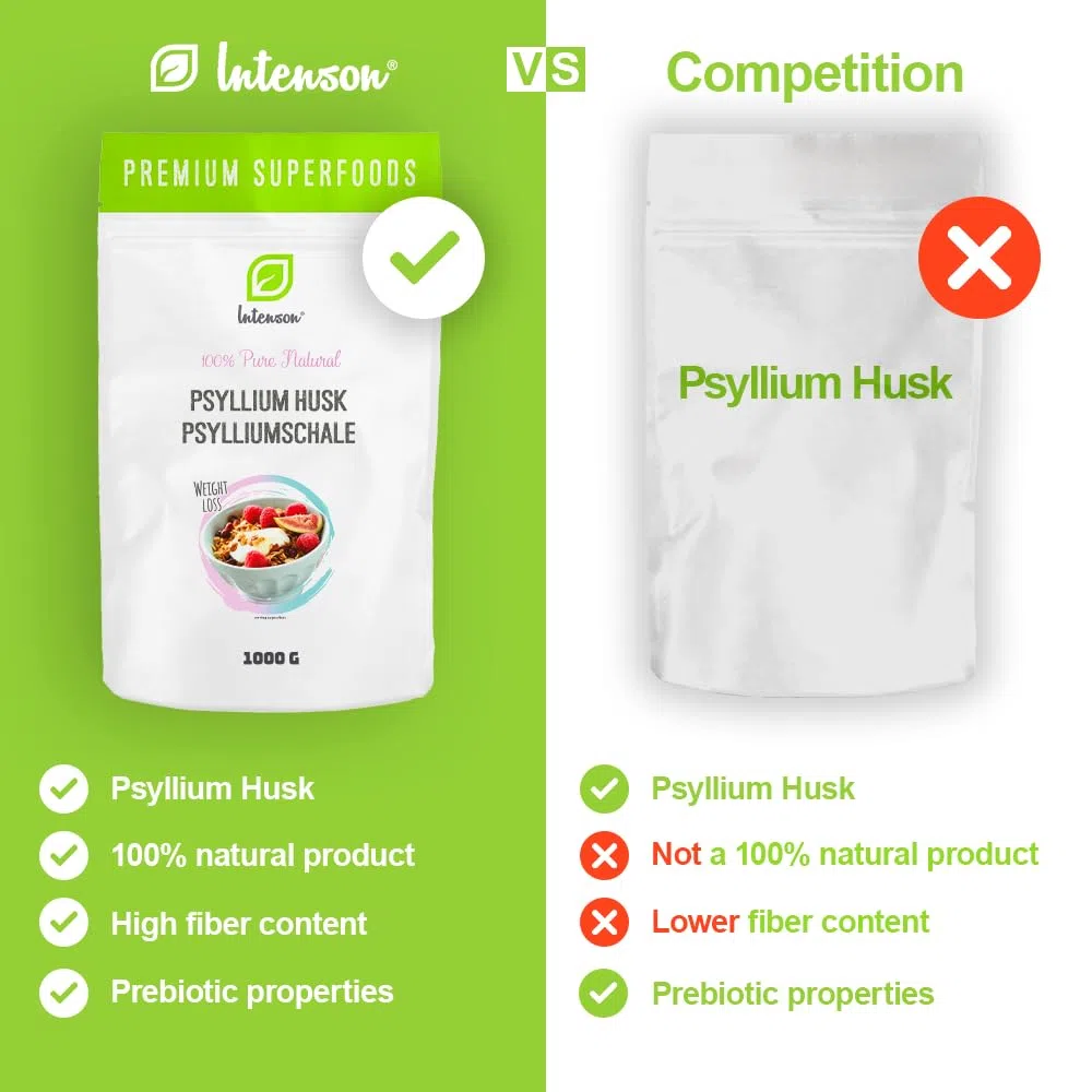 INTENSON Psyllium Husk 1 kg, Pure &Natural Psyllium Seeds Husks, High in Fibre, to be mixed with Water, Beverages, & Juices, Vegetarian & Vegan