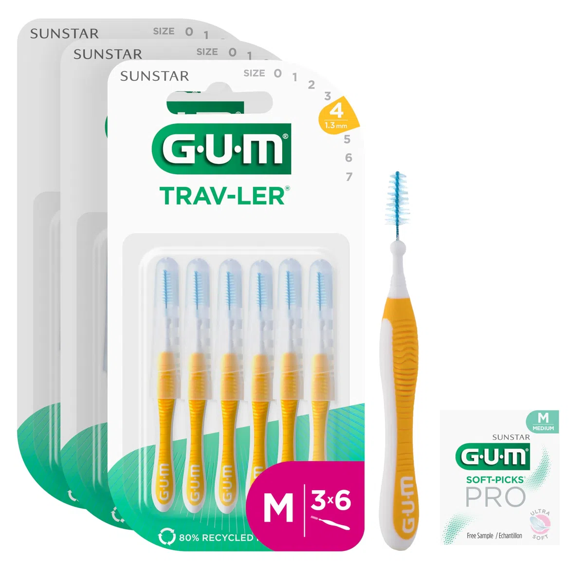 GUM TRAV-LER brossettes interdentaires | nettoyage en profondeur entre les dents | manche pliable | élimination de la plaque dentaire | 1.3mm, ISO 4 | Taille M | Lot de 3x6 (+ 1 échantillon gratuit)