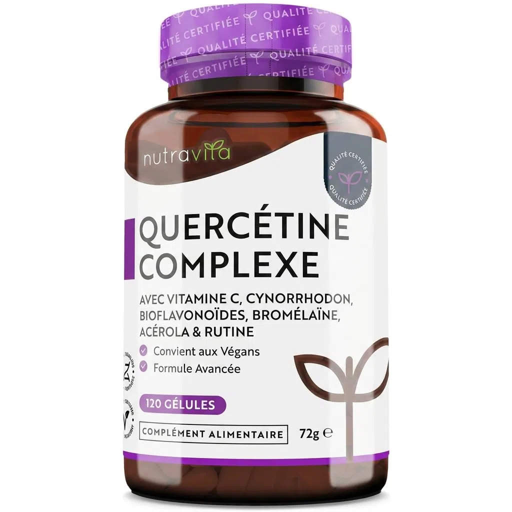 Quercétine 500 mg − 120 gélules vegan - Testé en laboratoire - Mélangées avec Vitamine C 80mg − Naturellement fait à partir d'extrait de fleur de cordage japonais - Dose élevée - Nutravita