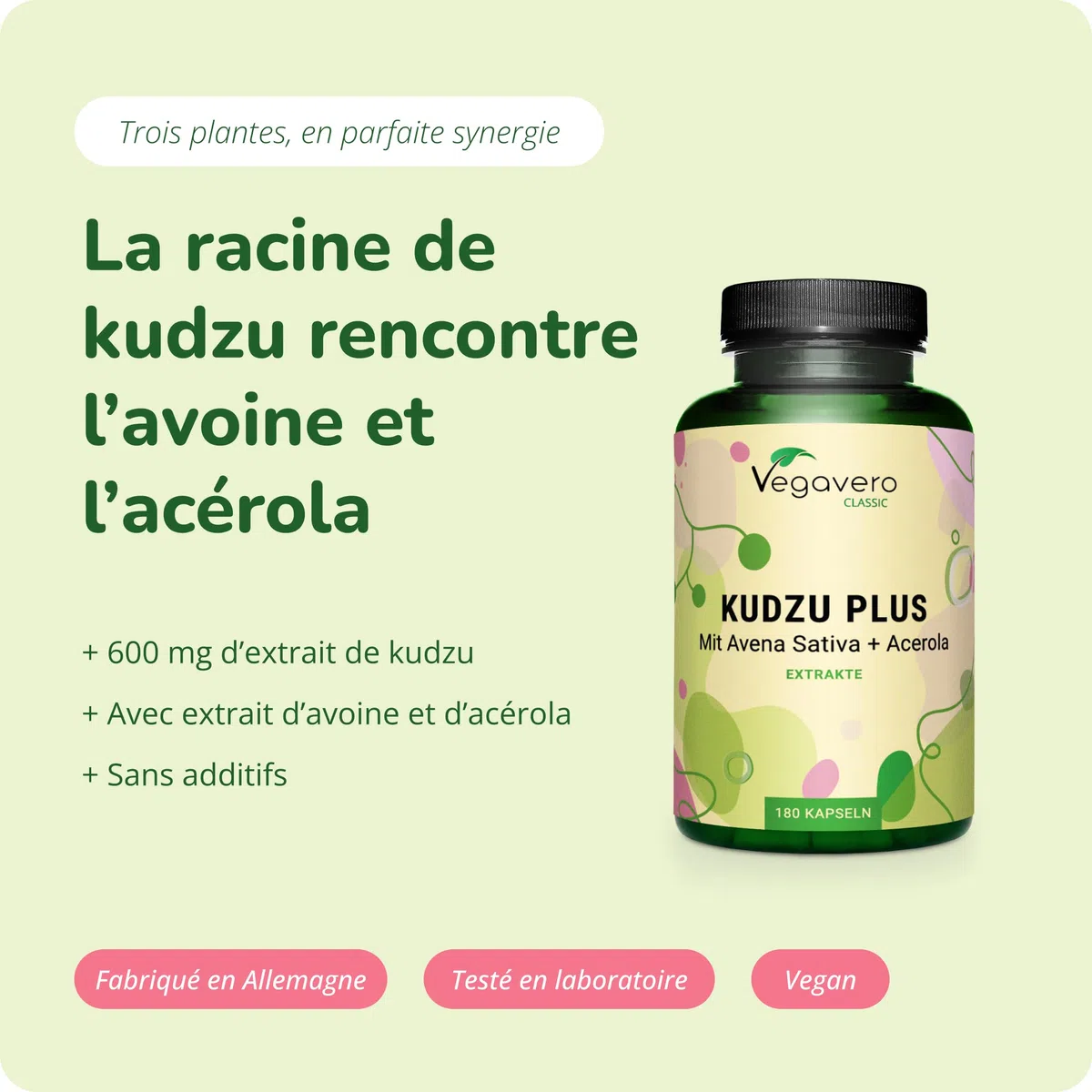 KUDZU Plus Vegavero® | 600 mg d'Extrait (10:1) | Standardisé en ISOFLAVONES | Avec Vitamine C Naturelle | Sans Additifs | 180 Gélules | Antioxydant Puissant + Anti Tabac | VEGAN