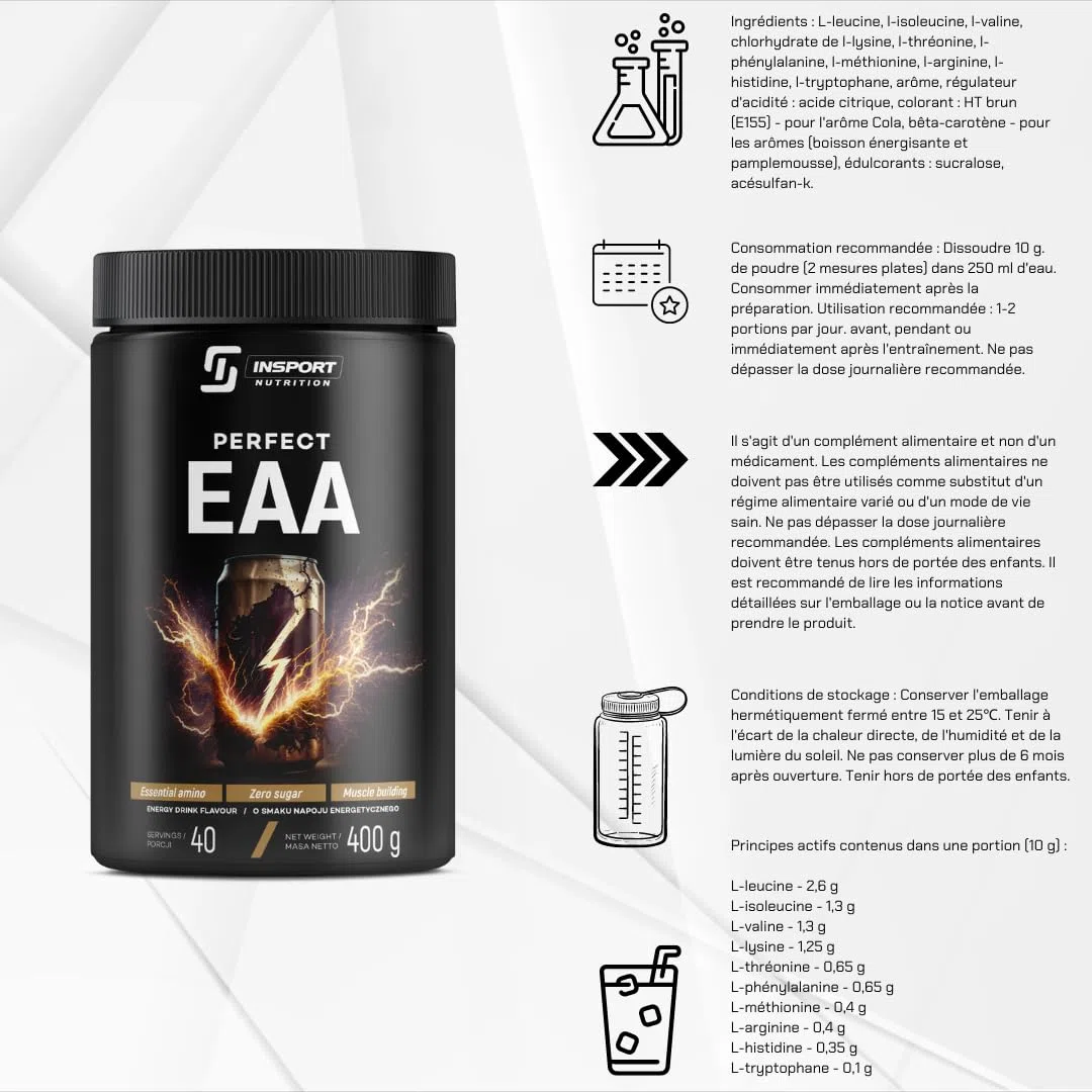EAA PERFECT - Supplément Sportif Professionnel - Acides Aminés - Soutien à l'exercice - 40 Portions - 400g Poudre - Goût: (Energy Drink)