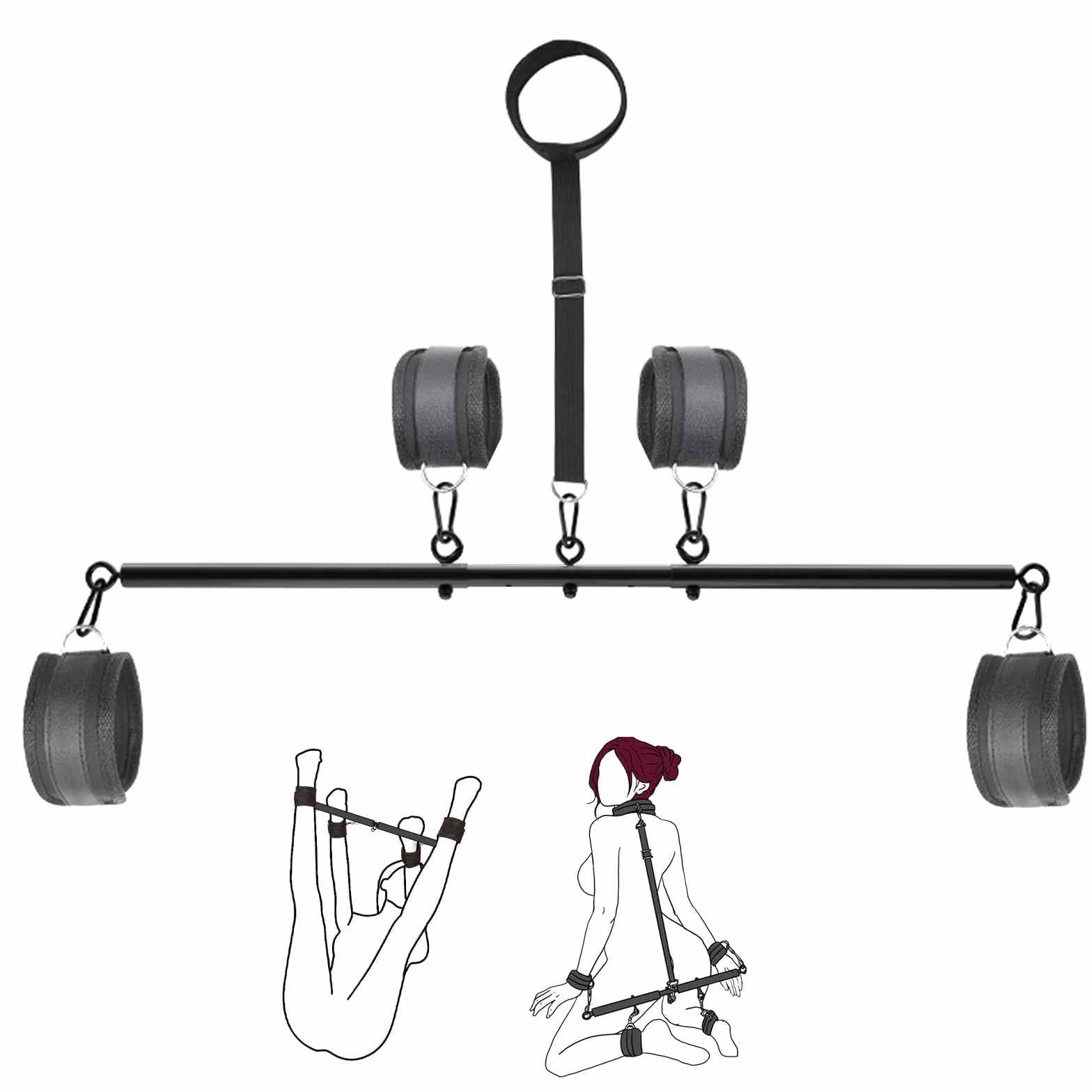 Kit Bondage BDSM – Barre d'Écartement Réglable avec Collier et Menottes – Ensemble de Fessée pour Poignets, Cou et Chevilles – Pour Femmes, Hommes et Couples