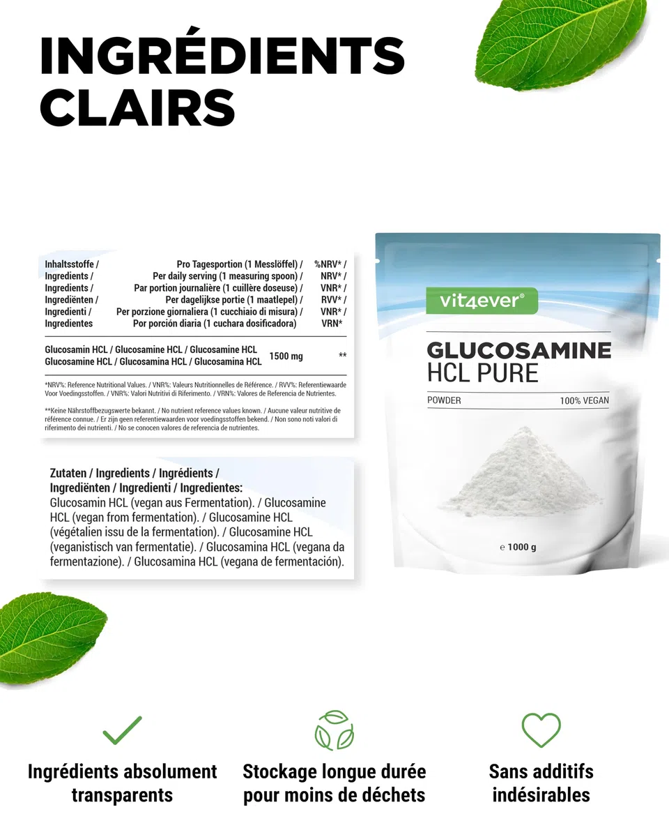 Glucosamine HCL Pure - 1000 g (1 kg) de Poudre Pure sans Additifs - Issue de la Fermentation Végétale - Vegan - Hautement Dosé