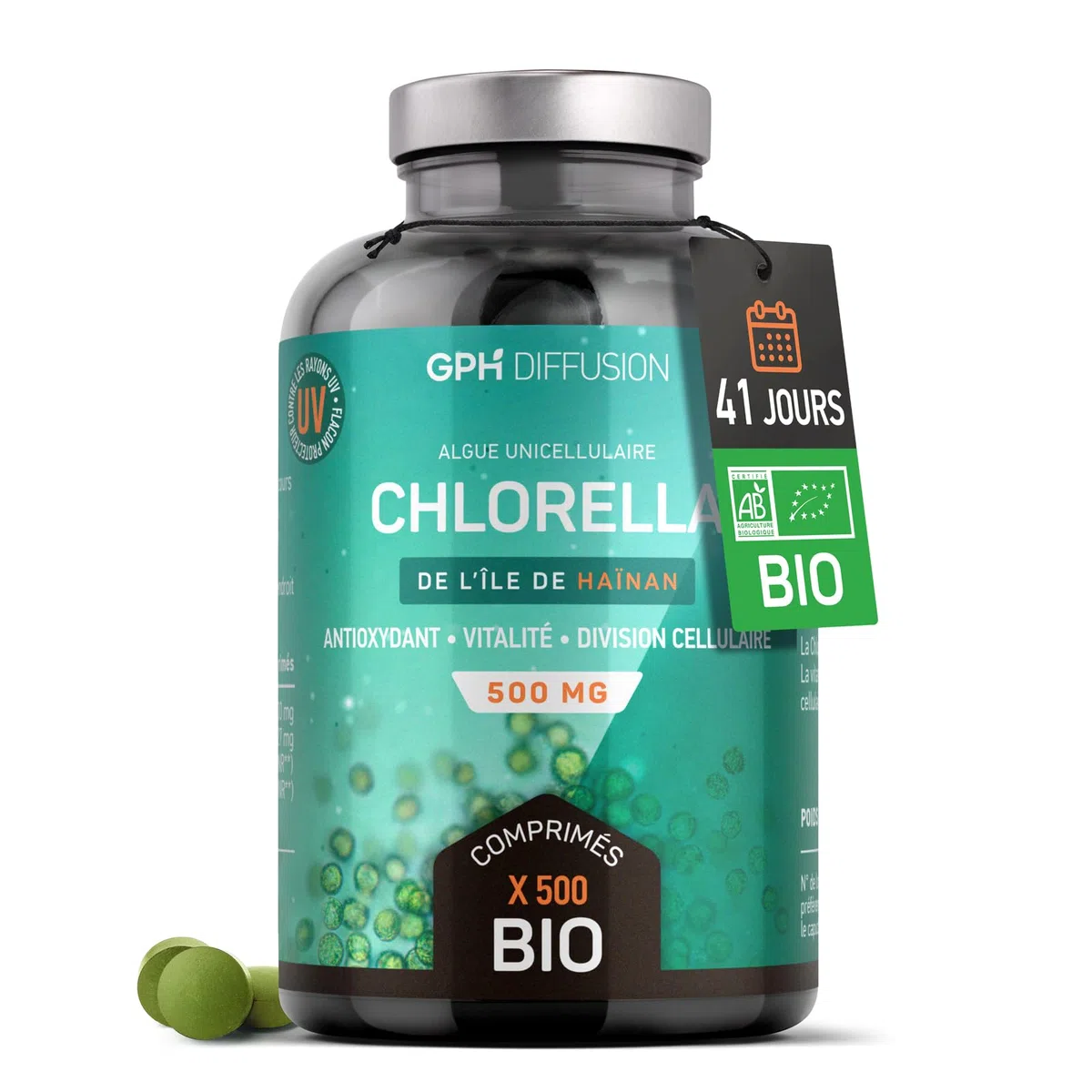 Chlorella BIO | 6000 mg/jour | Antioxydant, Vitalité | Sans Additif | 500 Comprimés | GPH Diffusion