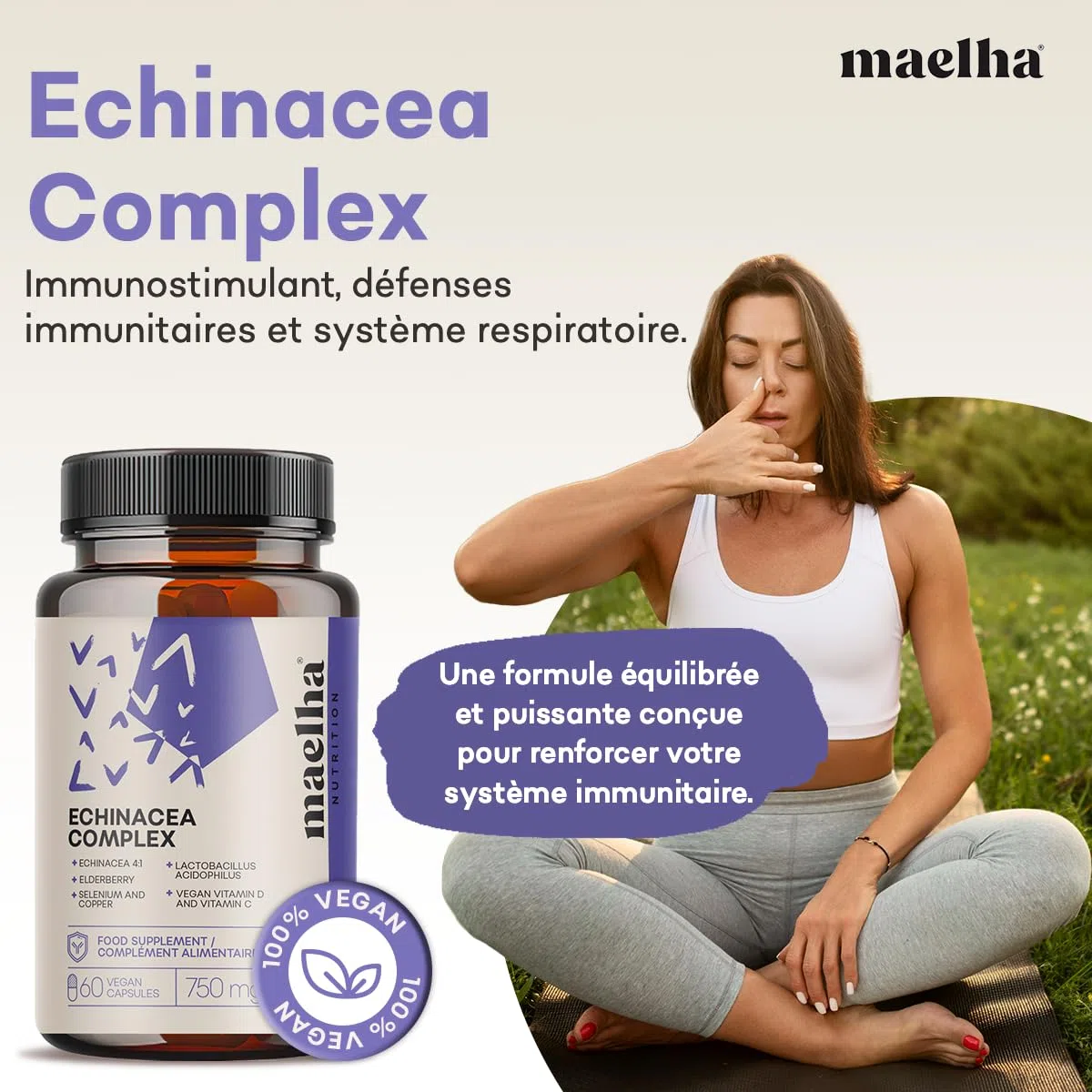 ÉCHINACÉE COMPLEX | Échinacée, ESTER-C, Bêta-glucanes, Sureau, Vitamine D, Sélénium, Cuivre, Lactobacillus acidophilus | Système immunitaire | 60 Gélules végétales | Formule 100% VEGAN