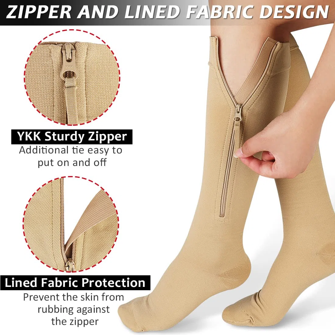 Ailaka Zipper Compression Socks for Men Women - 20-30 mmHg Close Toe Knee High Medical Compression Socks with Zipper, Zip Up Socks for Varicose Veins, Edema, Recovery, Pregnant, Nurse