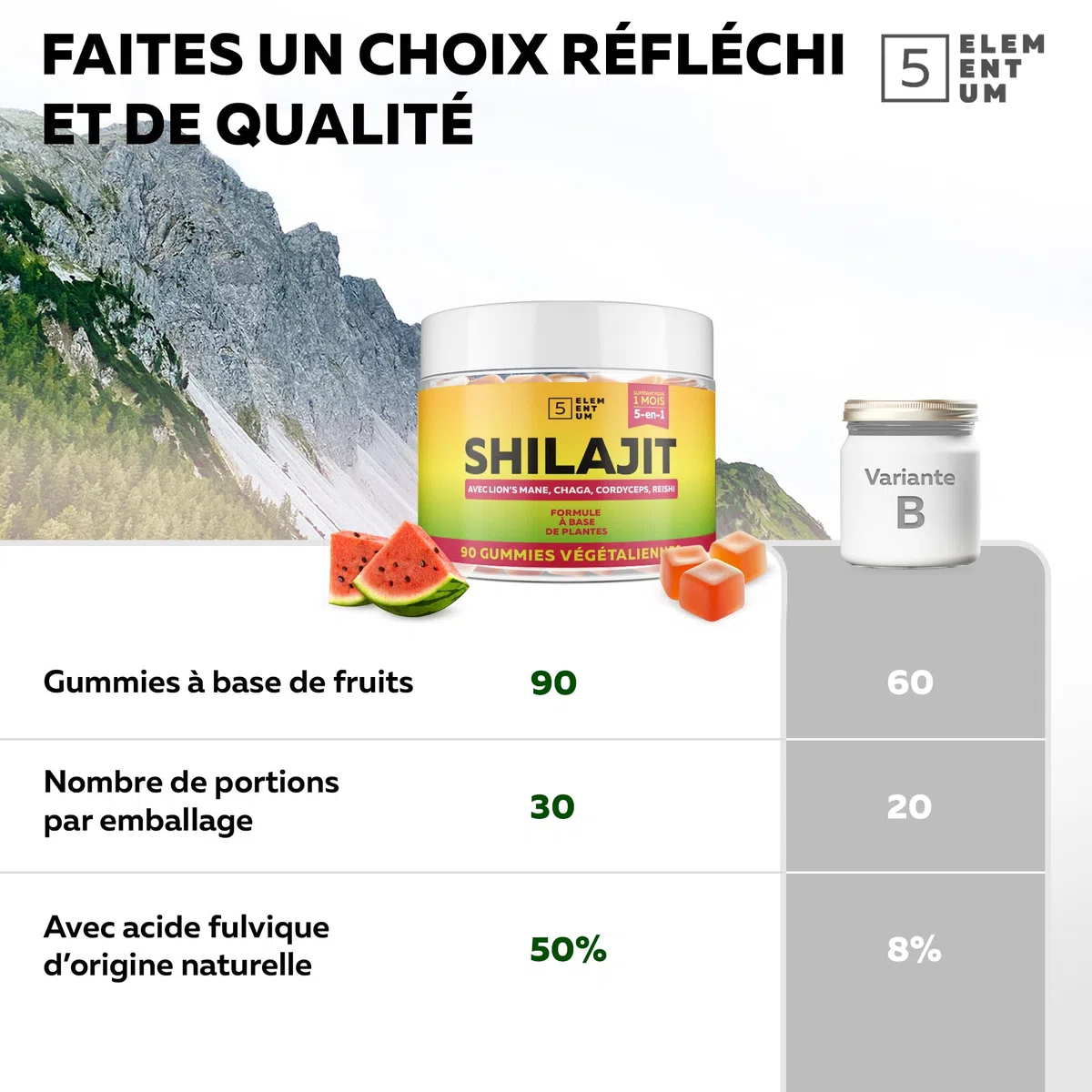 Shilajit Gummies Pure Himalaya – 90 Gommes au Goût Pastèque – 2200 mg avec Reishi, Crinière de Lion, Chaga & Cordyceps – Sans Sucre, Vegan, Naturelles – Shilajit Original du Tibet