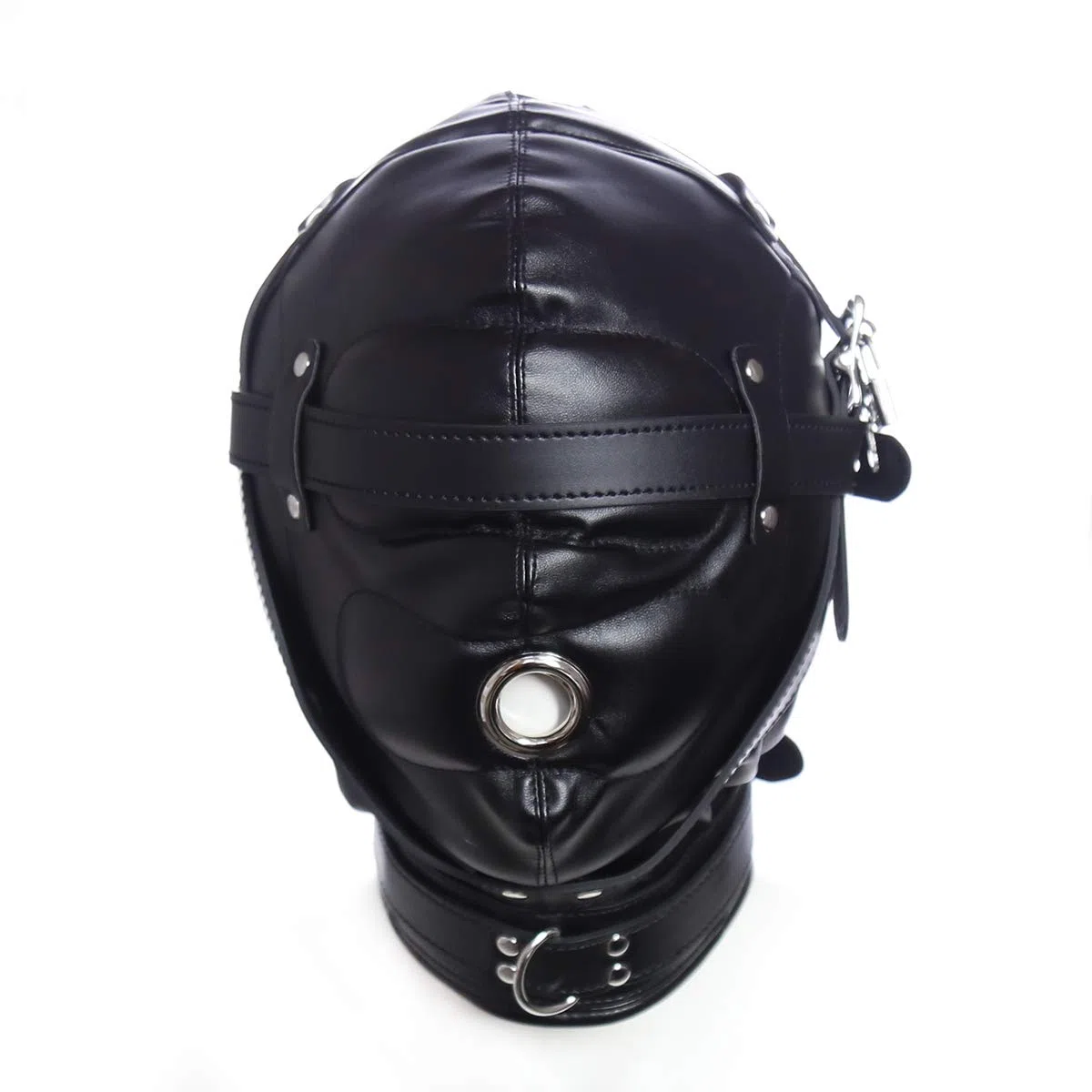 Noir Masque de tête unisexe Bondage Fétiche SM Cuir avec ouverture de bouche Cuir Tous les masques inclus Jouets sexuels Bandeau pour les yeux avec serrure pour les couples Cosplay Réglable Fétiche