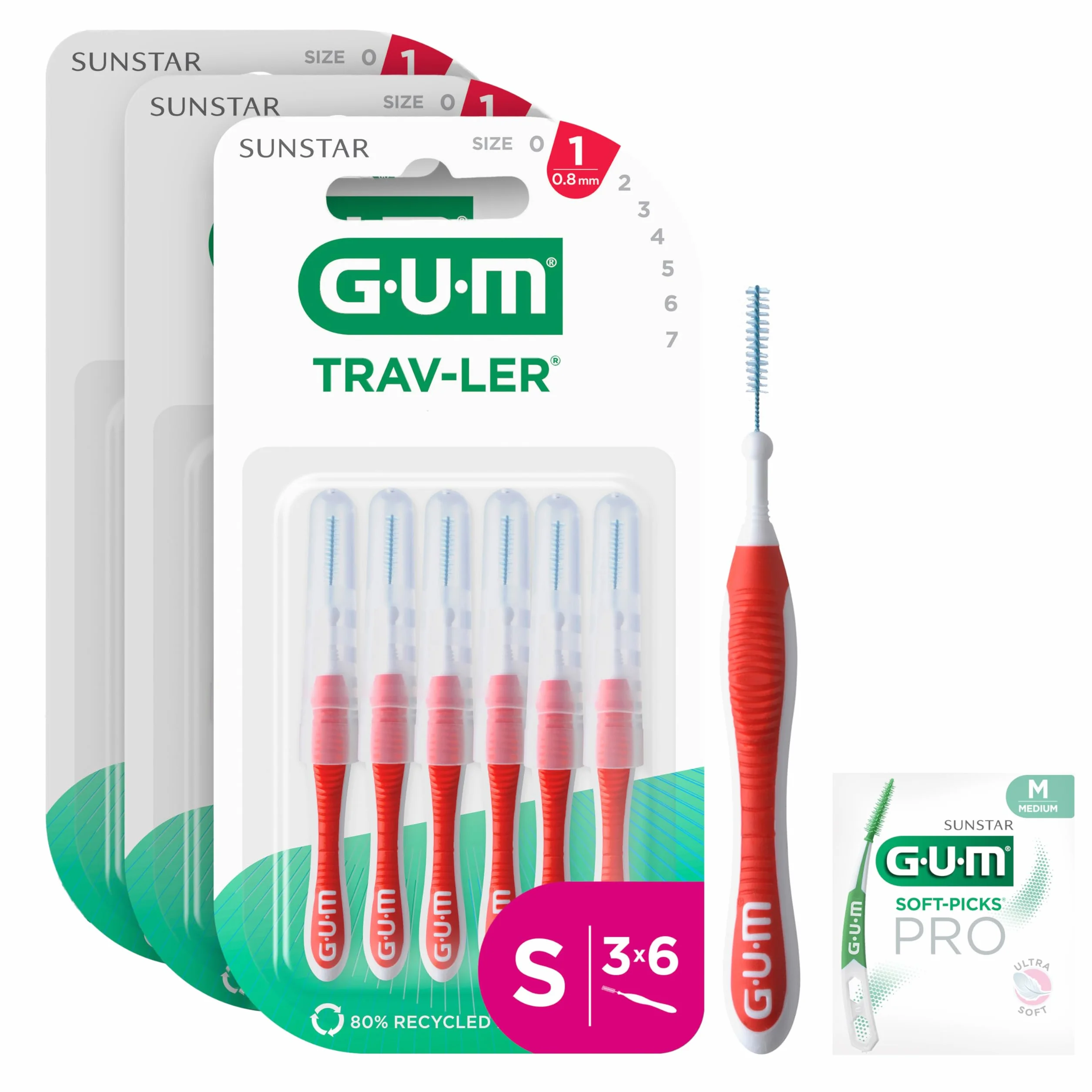 GUM TRAV-LER brossettes interdentaires | nettoyage en profondeur entre les dents | manche pliable | élimination de la plaque dentaire | 0.8mm, ISO 1 | Taille S | Lot de 3x6 (+ 1 échantillon gratuit)