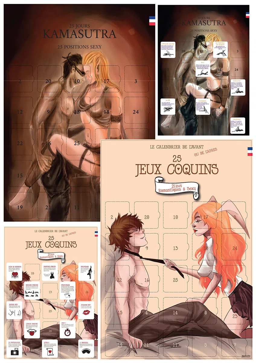 Pack de 2 Calendriers Couple A3 | 25 Jeux Coquins Sexy Illustrés + 25 Positions Kamasutra | Cartes Géantes Sans Chocolat | Cadeau Romantique Noël, Saint-Valentin ou Surprise | Crochet Adhésif Inclus