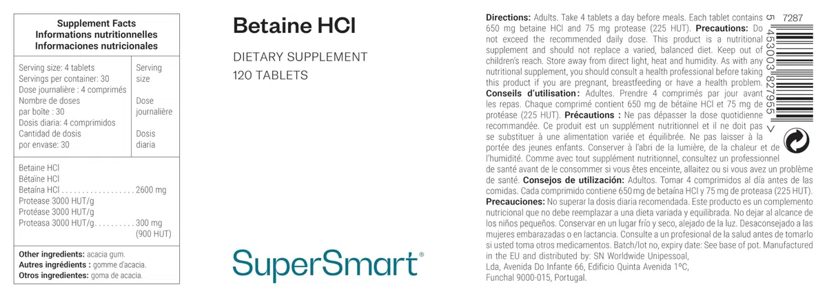 Betaine HCI - Aide à la Digestion, à l’Absorption des Nutriments, à la Détoxication et à la Baisse d’Acidité Gastrique - Acidifiant Gastrique Naturel - Vegan - SuperSmart