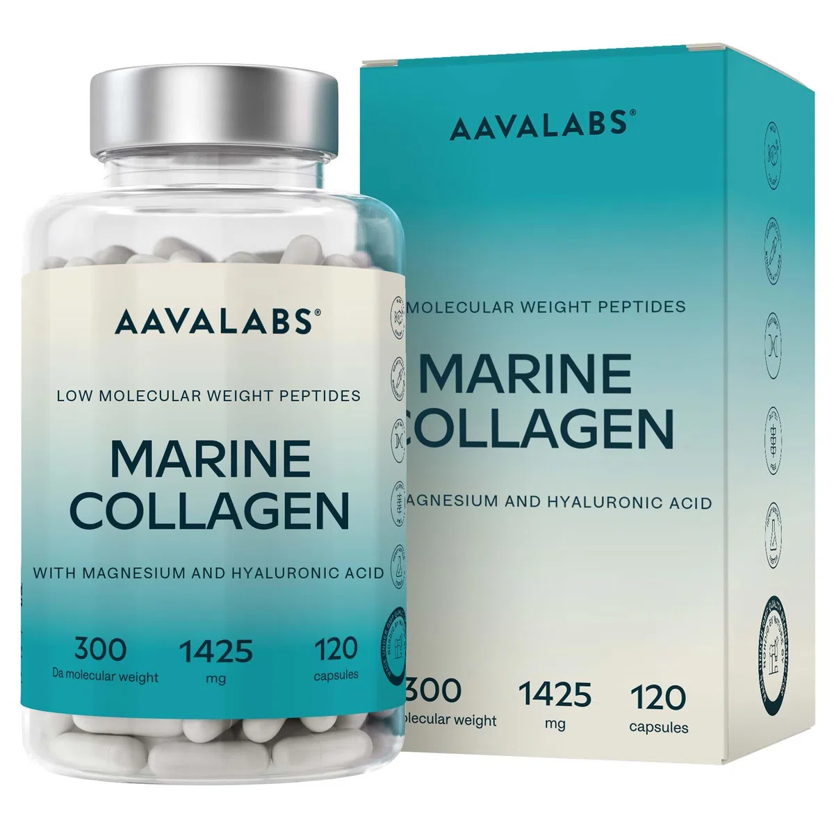 Collagene Marin Acide Hyaluronique et Magnesium | 1452 mg - Complement Alimentaire Peau Collagene et Acide Hyaluronique Pur au Peptide de Collagene - Collagène Marin Hydrolysé sans OGM - 120 Gélules