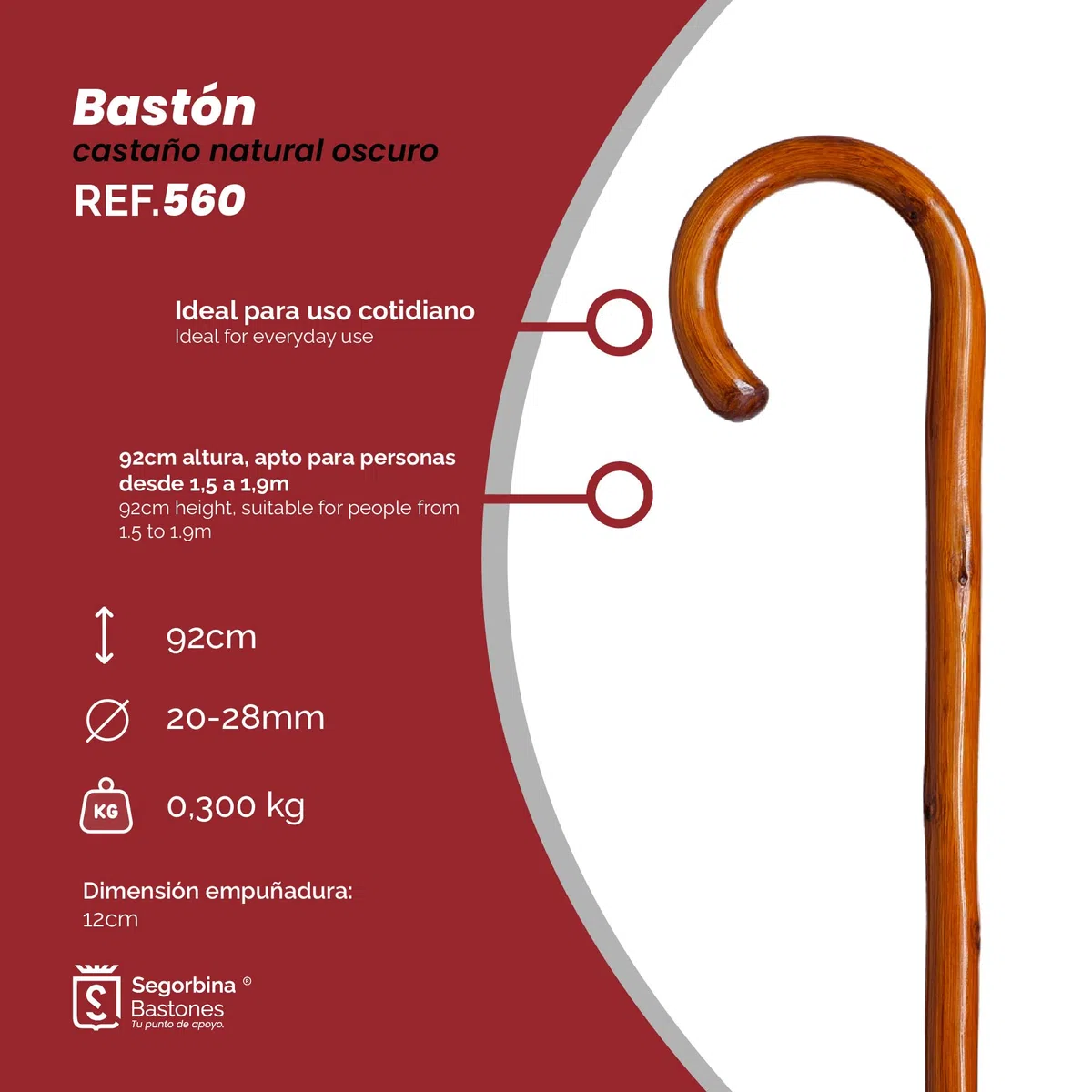 Bâton de soutien de marche en bois châtain 92 cm avec manche incurvé et embout en caoutchouc, Baton pour personnes âgées (560)