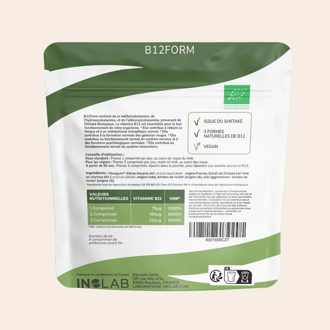 INOLAB VITAMINE B12 - Biologique, Vegan/Extrait de Shiitaké Bio/Methylcobalamine, Adénosylcobalamine & Hydroxocobalamine/B12FORM Haute biodisponibilité