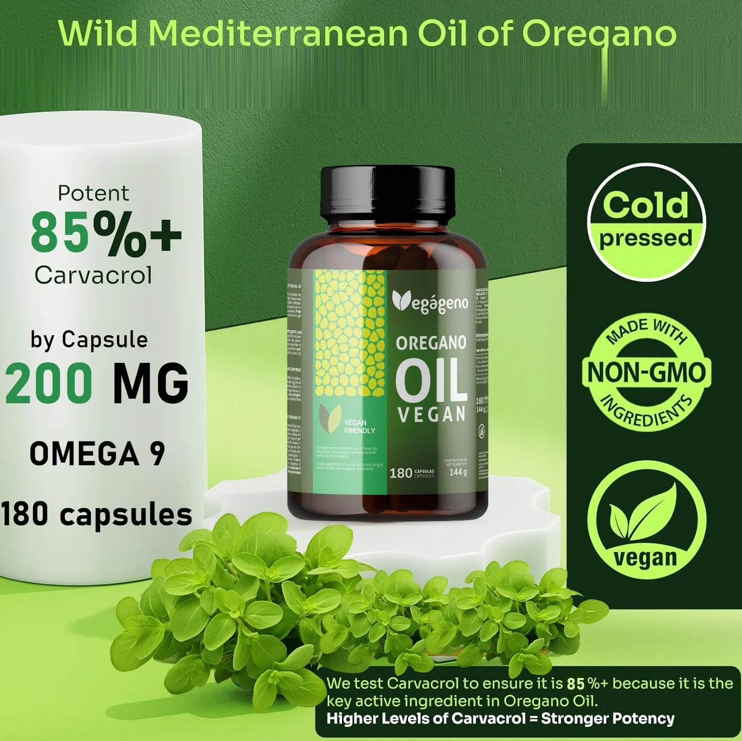 VEGAGENO - Huile Essentielle Origan | 180 Gélules Végétales, Complément Alimentaire à L'huile D'olive Extra Vierge et à L'huile Essentielle D'origan avec Oméga 9 et Carvacrol | Oregano Oil