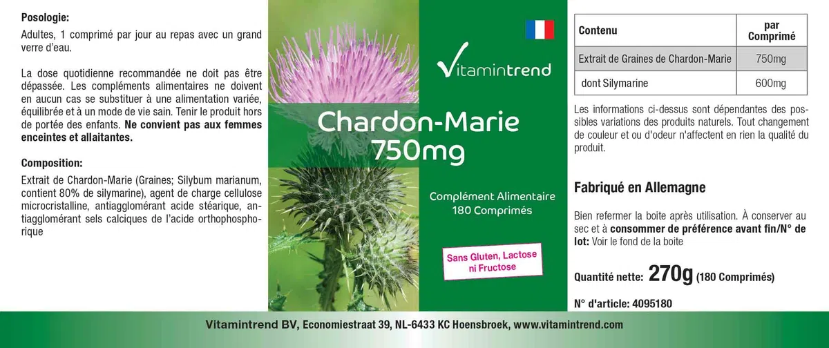 Vitamintrend Extrait de chardon-marie 750 mg, 180 comprimés, hautement dosé, complément alimentaire végan sans stéarate de magnésium, fabriqué en Allemagne