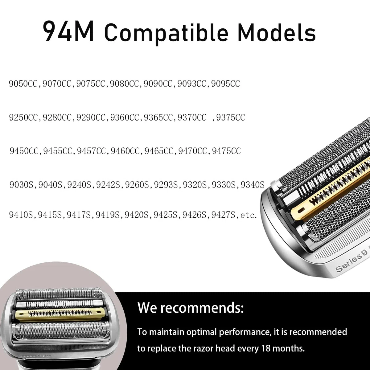 94M Compatible avec Braun Serie 9 le Rasoir, Tête de Rasage Electrique pour Hommes, Electrique pour la Tête de Rasage Serie 9 9517s,9527s,9525s,9515s,9485cc