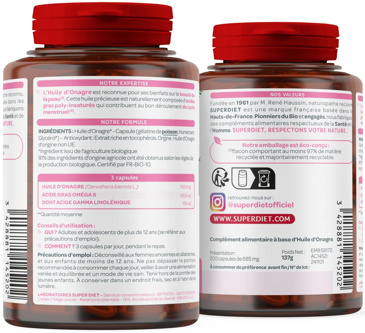 SUPERDIET –HUILE D'ONAGRE – Beauté de la peau – Phytothérapie – Conditionné en France – 200 capsules