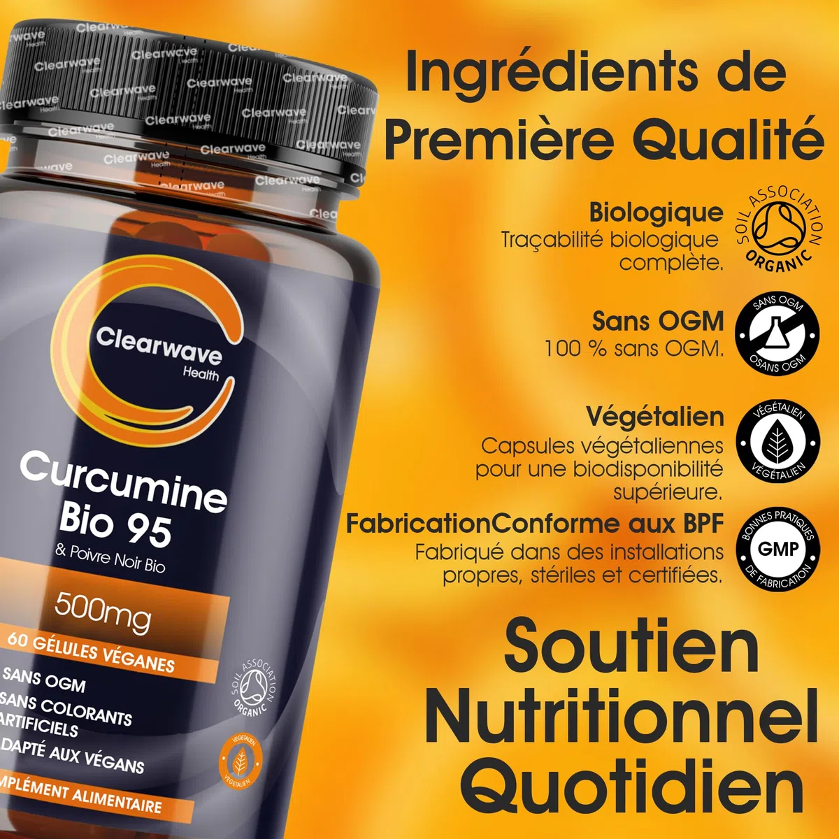 Curcumine Bio 95 | Curcuma Bio Gélule Haute Dose 500mg | 95% Curcuminoïdes & 10mg Poivre Noir Bio | 60 Gélules Véganes | Par Clearwave Health