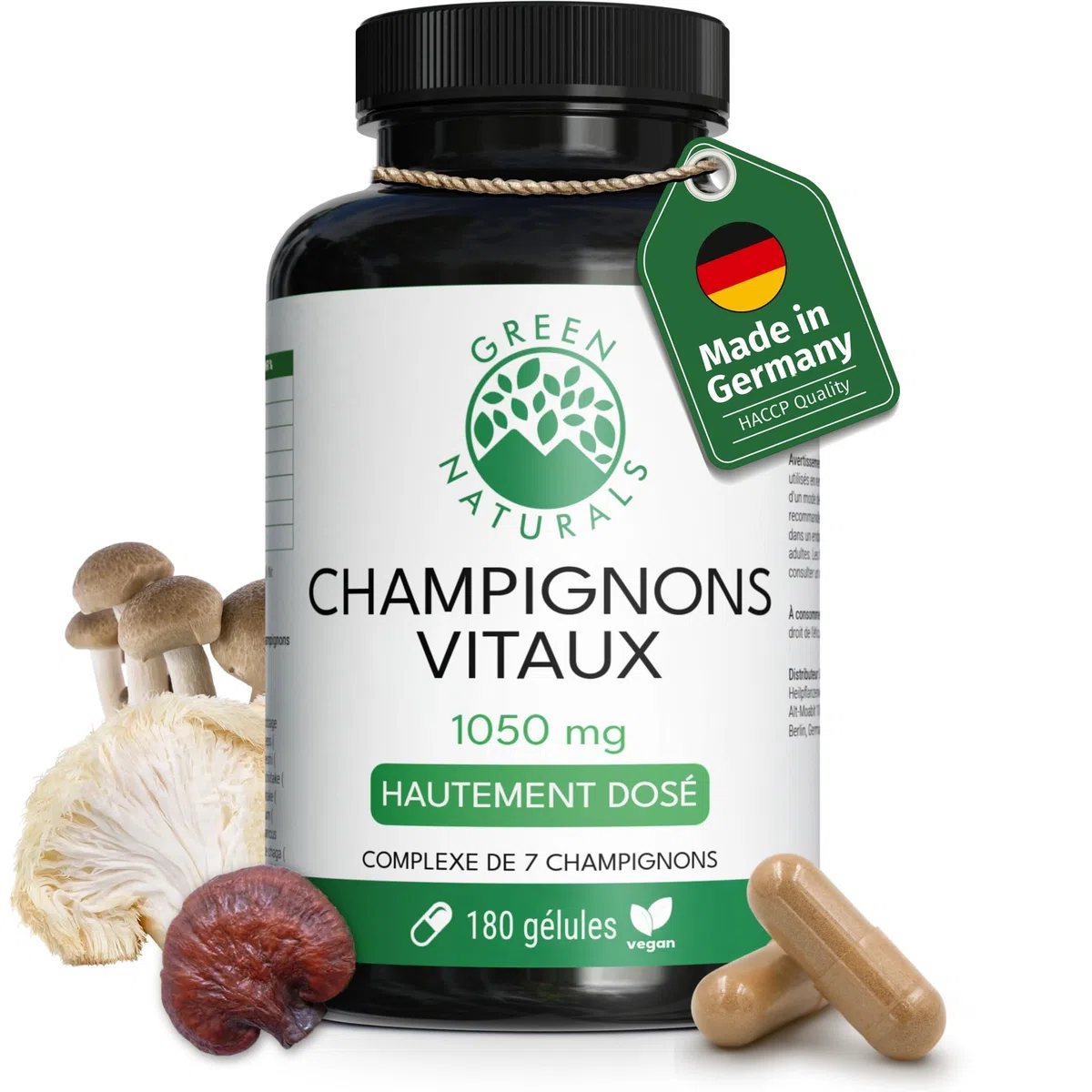 Green Naturals Complexe 7 Champignons 1 050 mg – 180 gélules | Reishi, Cordyceps, Shiitake, Maitake, Hericium, Agaricus, Chaga · Vegan · 3 mois