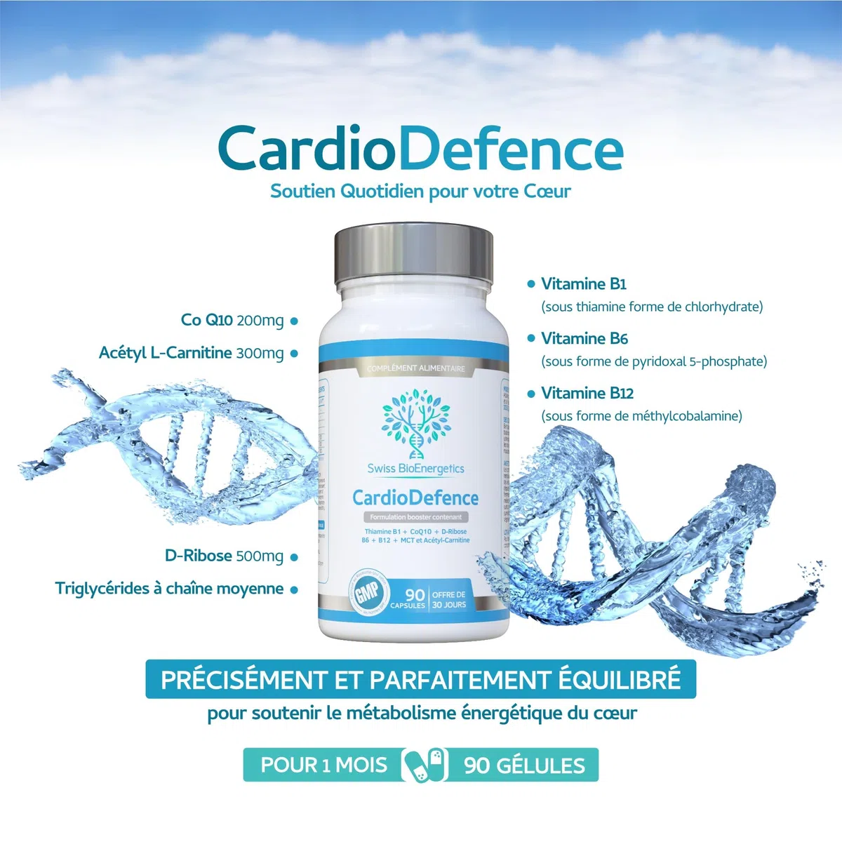 CardioDefence - équilibre précis de CoQ10, D-ribose, acétyl L-carnitine, vitamines B et MCT- contribuer à fonction normale du cœur et réduire la fatigue - 90 gélules
