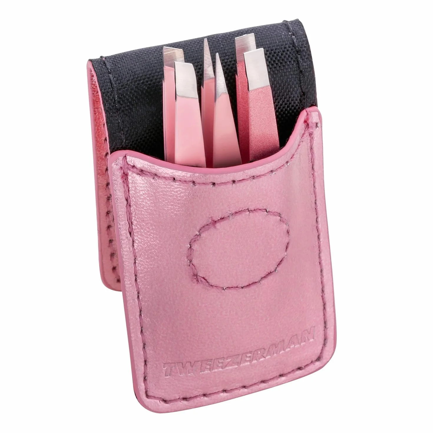 TWEEZERMAN Micro Mini kit de pince à épilers (3 pièces, taille voyage pour épiler les sourcils, pointe droite, biseautée et de précision), Rose