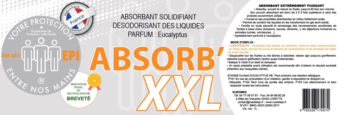 ABSORB XXL Poudre Super Absorbante Vomi, Urine et Liquides | Gélifiant Rapide et Solidifiant Parfumé à l’Eucalyptus | Pour Animaux, Enfants et Mal des Transports | Lot de 2 Bouteilles de 1L