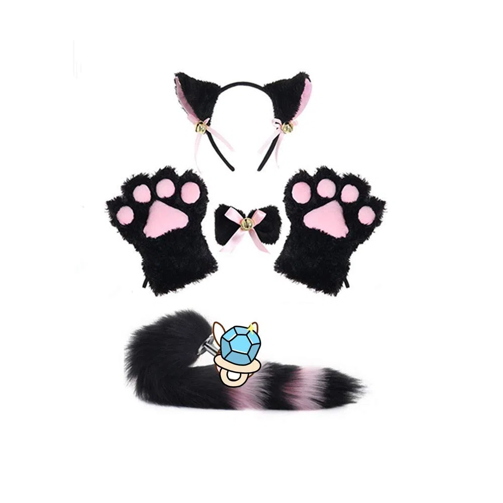 Ensemble de gants et oreilles de chat en peluche avec bandeau, queue (noir)
