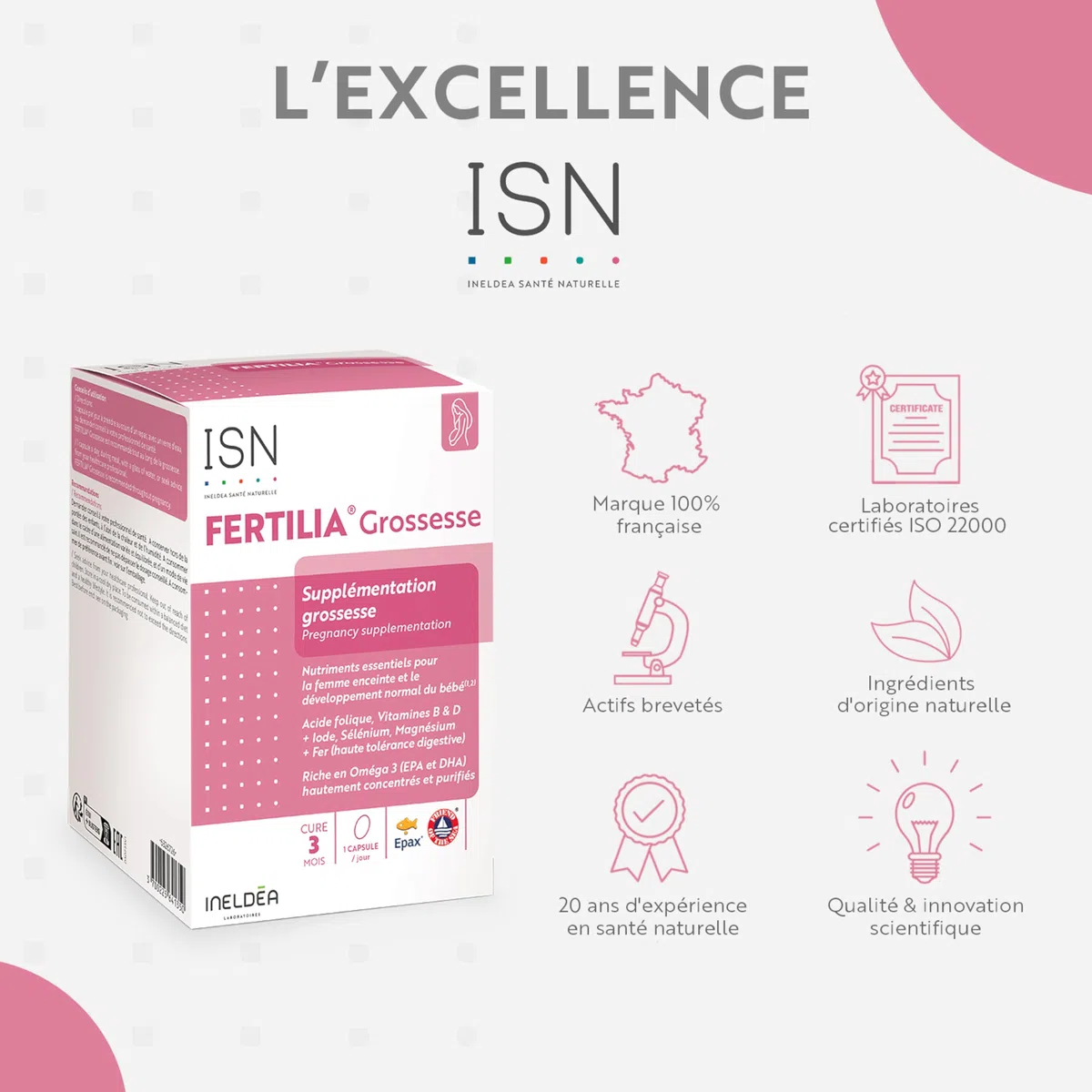 ISN - Fertilia® Grossesse - Complément alimentaire à base de nutriments essentiels pour le bien-être de la femme enceinte & le développement de bébé - Riche en Omega 3 - Cure 3 mois