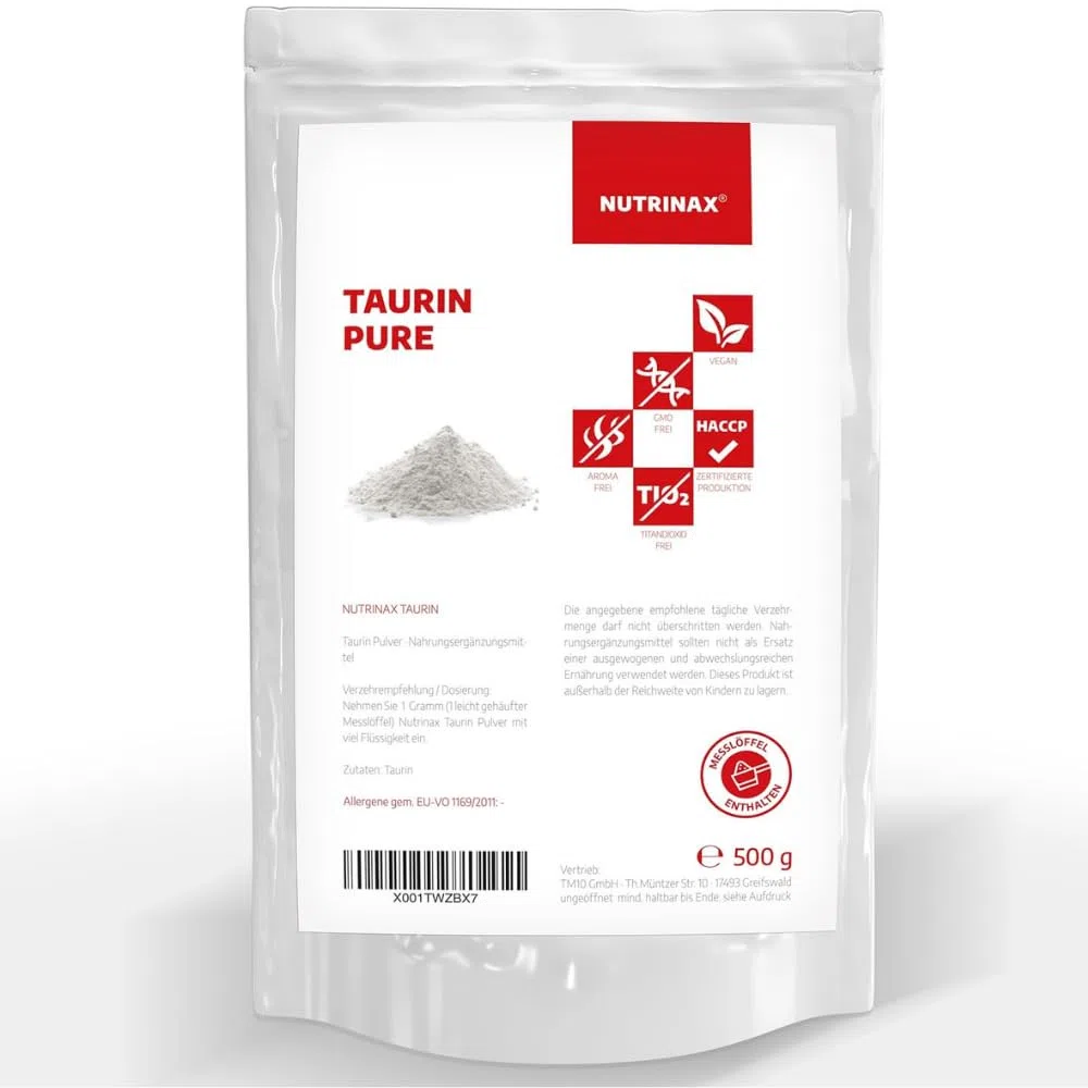 Poudre de taurine | Acide aminé | Hautement dosé | 500 g de L-taurine pure | Végétalien | Sans additifs | Dans un sac zippé pratique