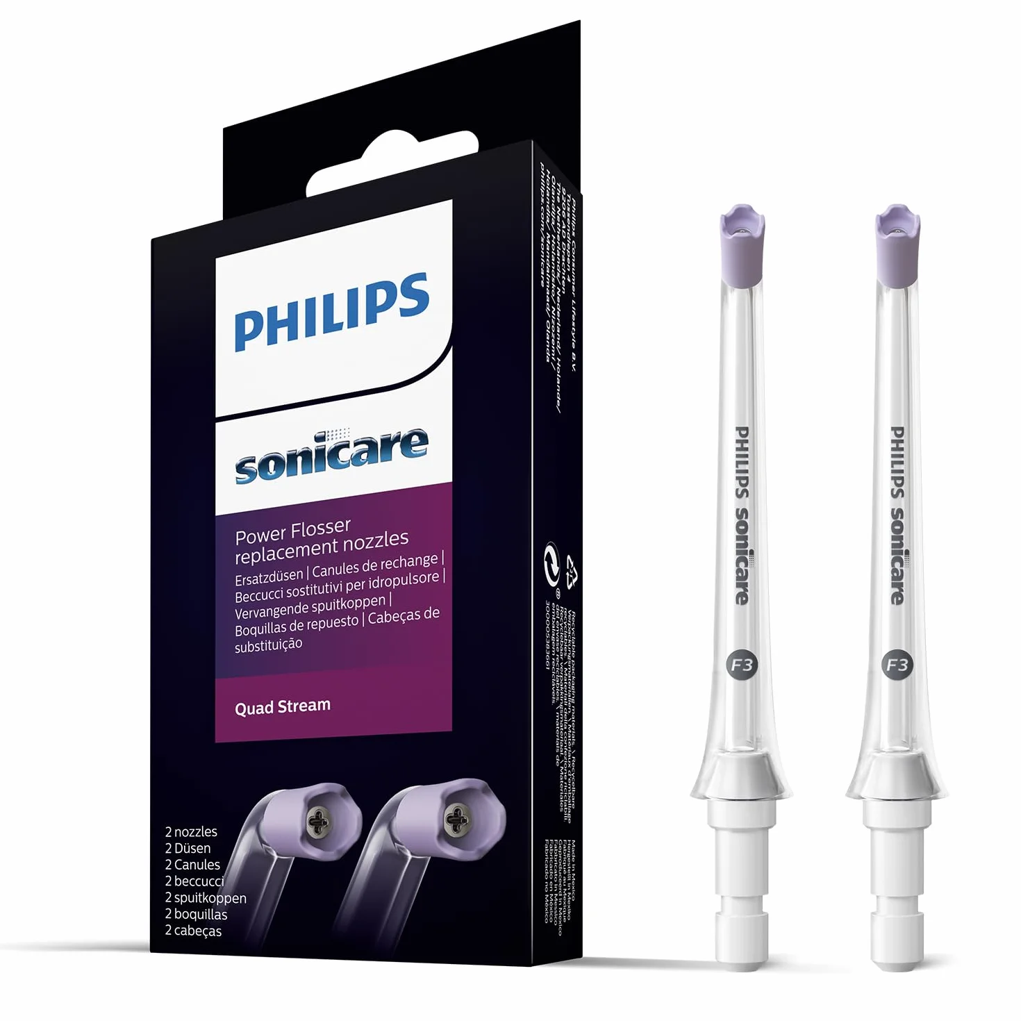 Lot de deux canules F3 Quad Stream de jet dentaire Philips Sonicare : accessoire pour jet dentaire compatible avec l'appareil sans fil Philips Sonicare Power Flosser (modèle HX3062/00)