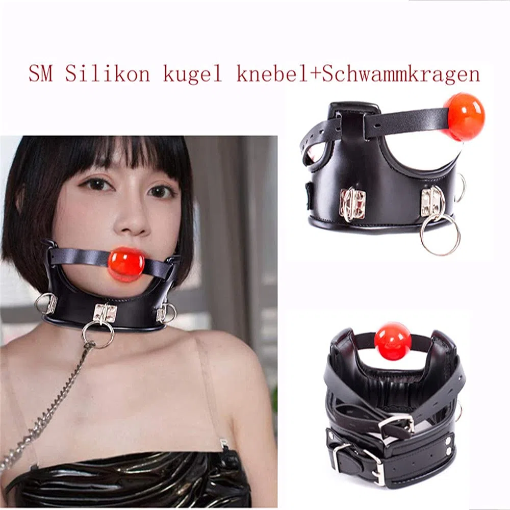 MFMYEE Harnais de bondage avec bâillon à billes en silicone Fetish SM collier en cuir de bondage professionnel corset de cou rembourré