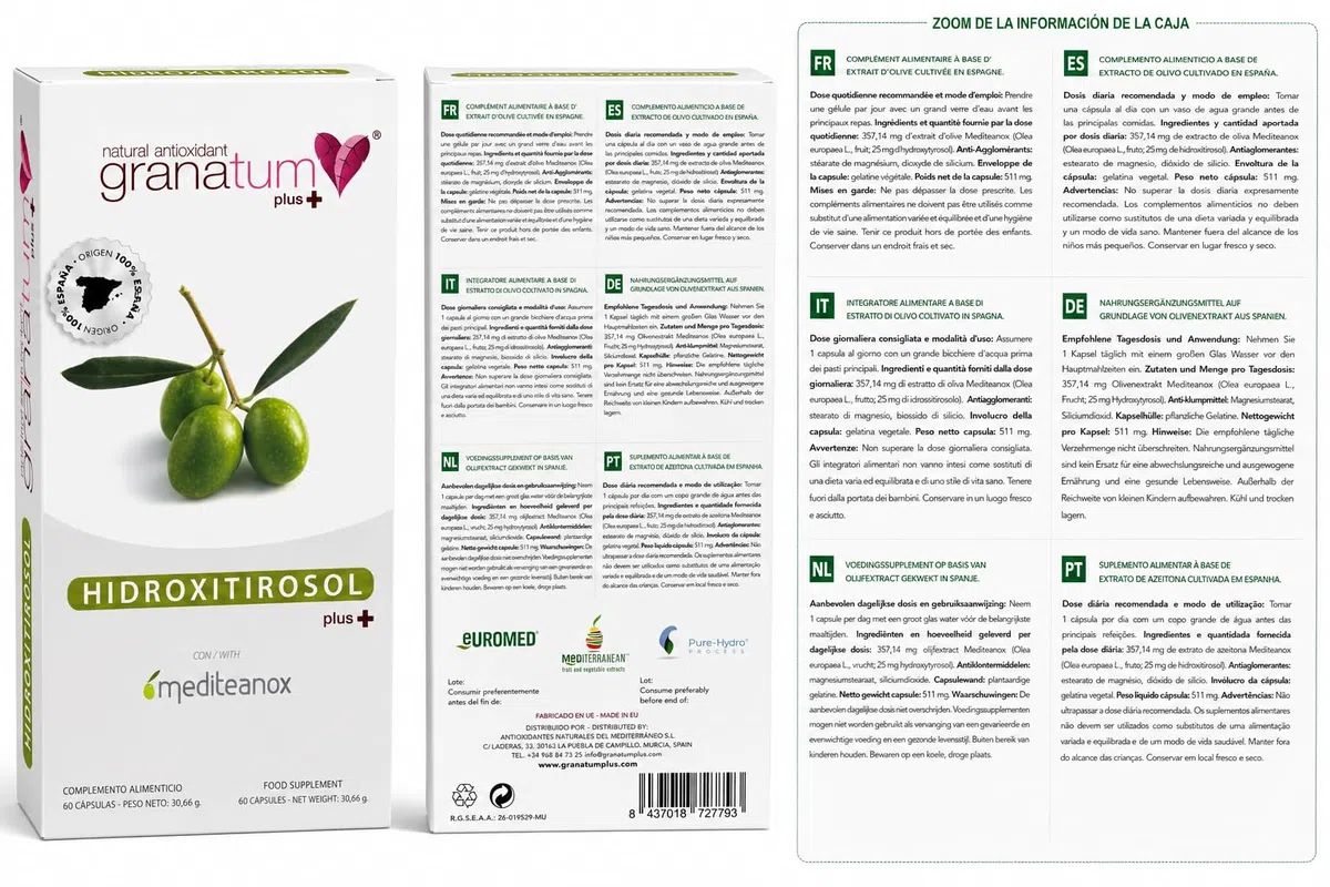 Granatum Plus | Extrait de Olive | Extrait de feuille d'olivier | Extrait de feuilles d'olivier | Hydroxytyrosol Plus | Complément alimentaire | Polyphénols naturels | (1 Boîte de 60 Gélules)