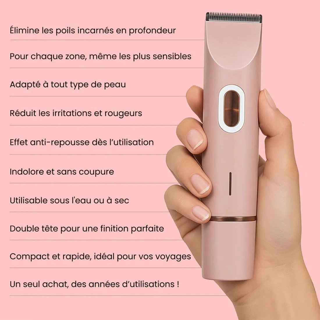 Rasoir Klyne Femme,Klyne Tondeuse Femme, Recharge USB, Étanche IPX7, Pour Bikini, Jambes, Aisselles et Nez (Rose)